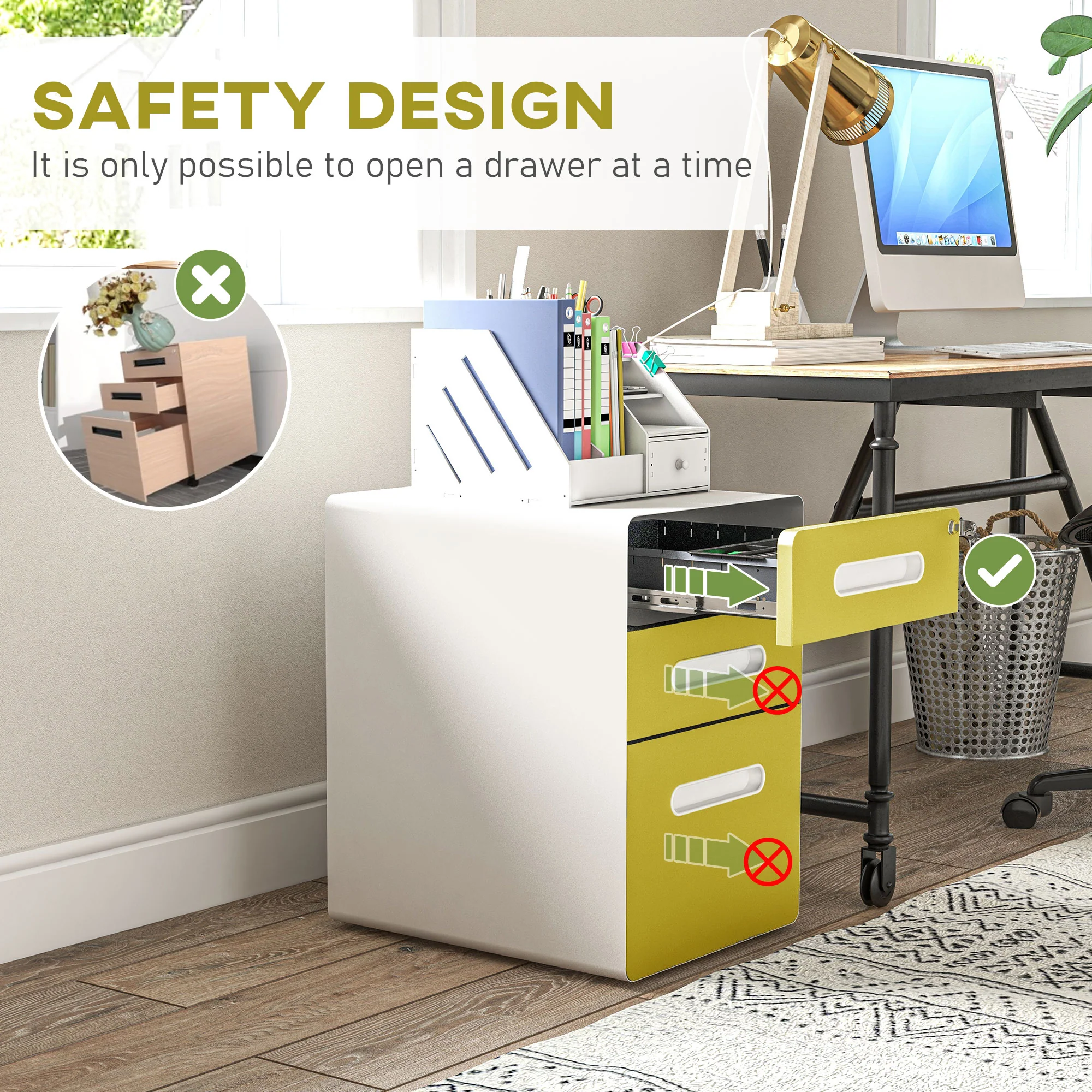3 Drawer Modern Steel Filing Cabinet W/ 4 Wheels Lock Pencil Box Office Yellow - Image 8