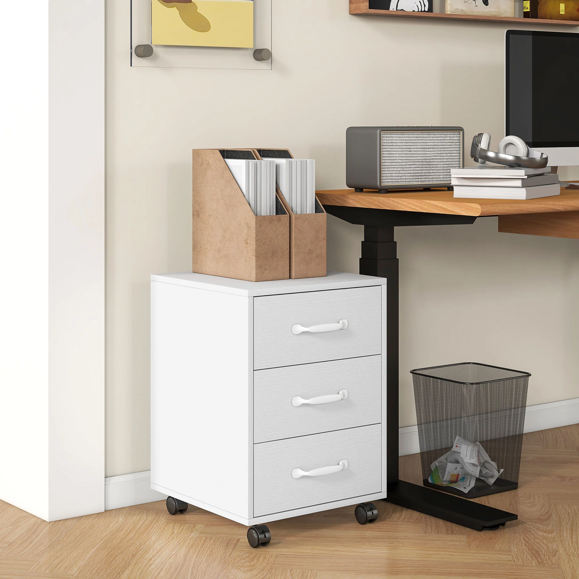 3 Drawer Rolling File Cabinet With Wheels Under Desk Mobile Filing Cabinet - Black/White - Image 2