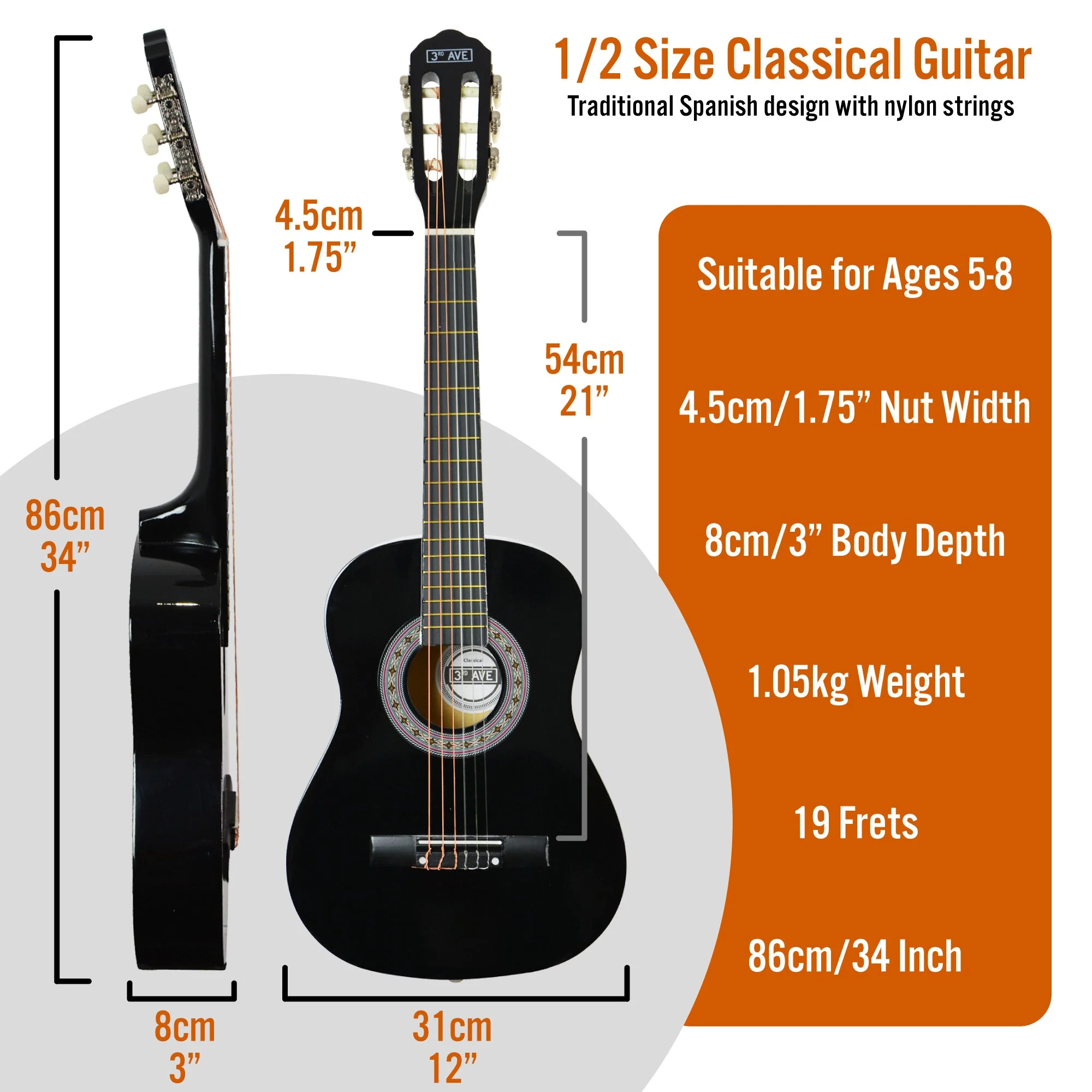 3rd Avenue 1/2 Size Classical Guitar Pack - Black - Image 2