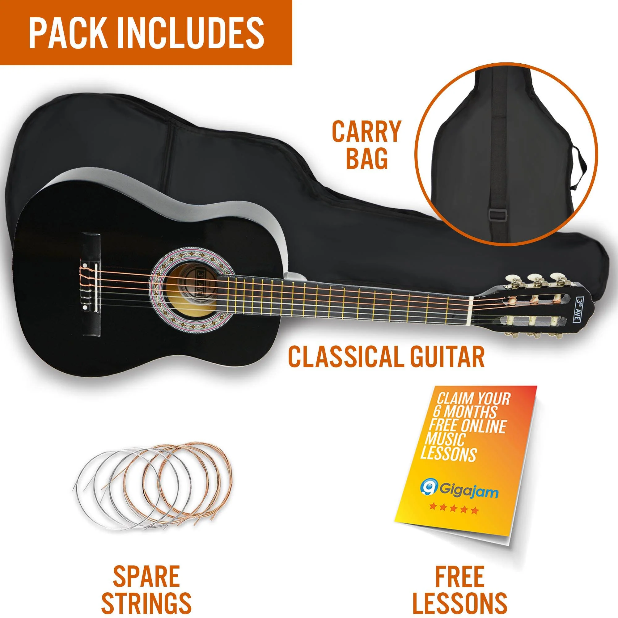 3rd Avenue 1/2 Size Classical Guitar Pack - Black - Image 3
