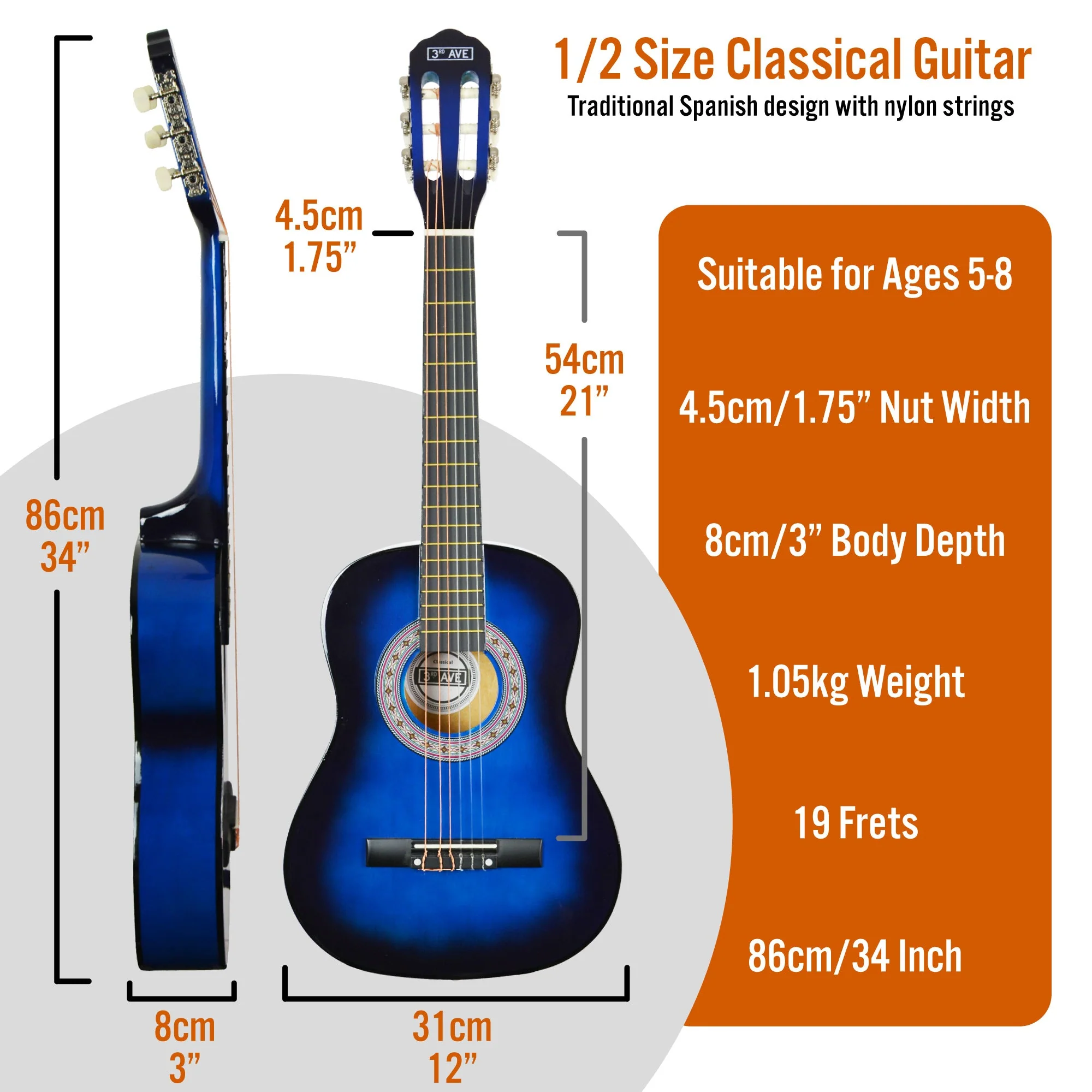 3rd Avenue 1/2 Size Classical Guitar Pack - Blueburst - Image 2