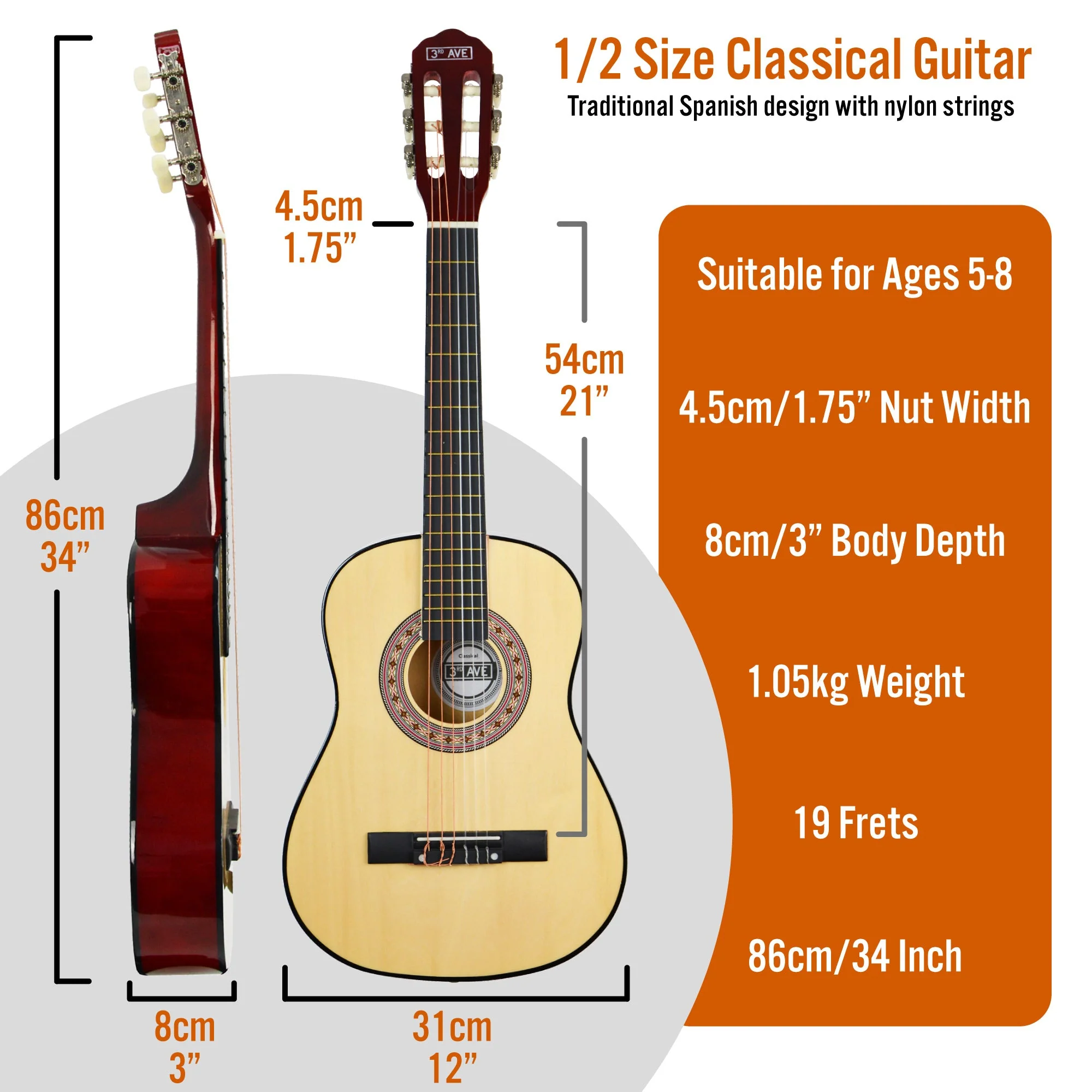 3rd Avenue 1/2 Size Classical Guitar Pack - Natural - Image 2
