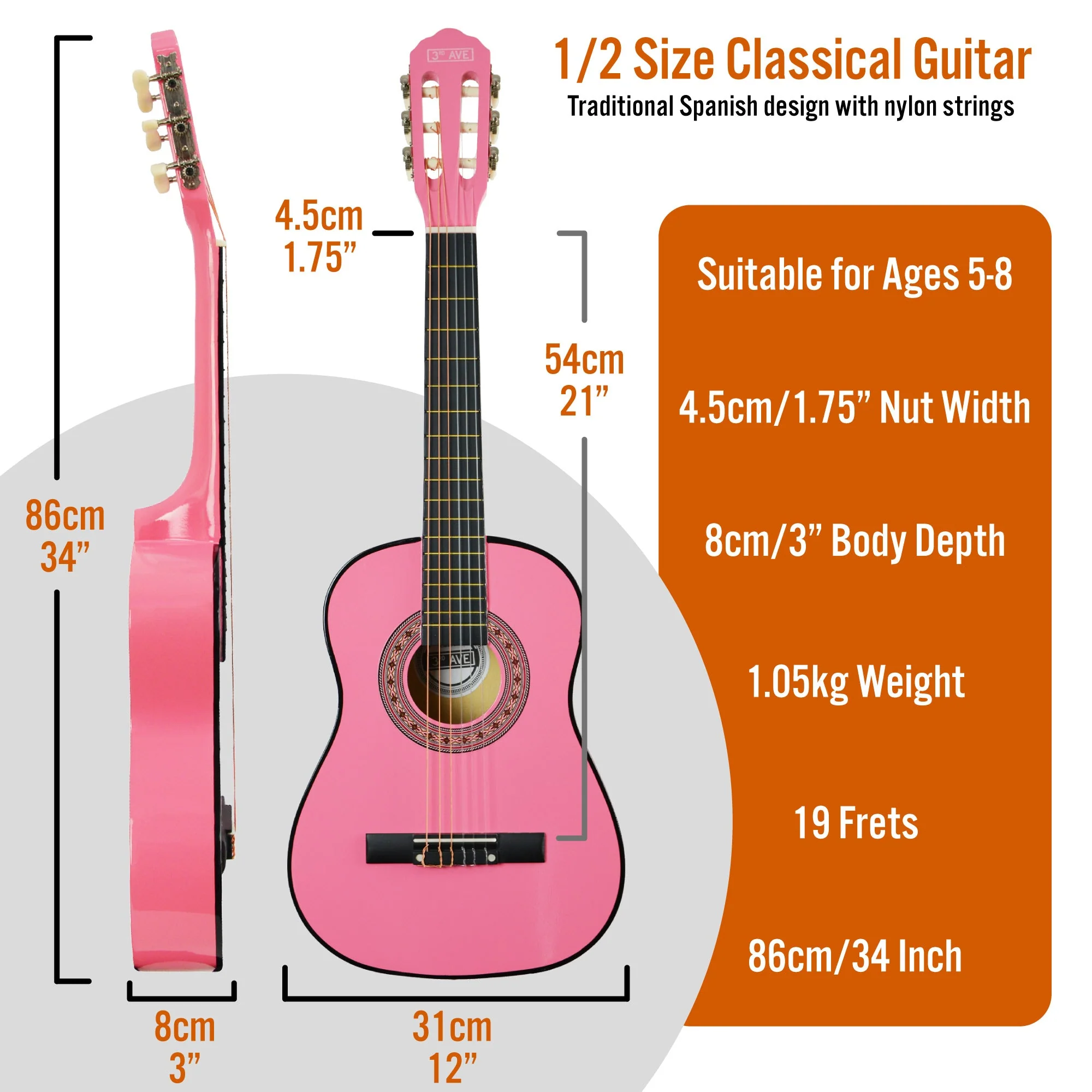 3rd Avenue 1/2 Size Classical Guitar Pack - Pink - Image 2
