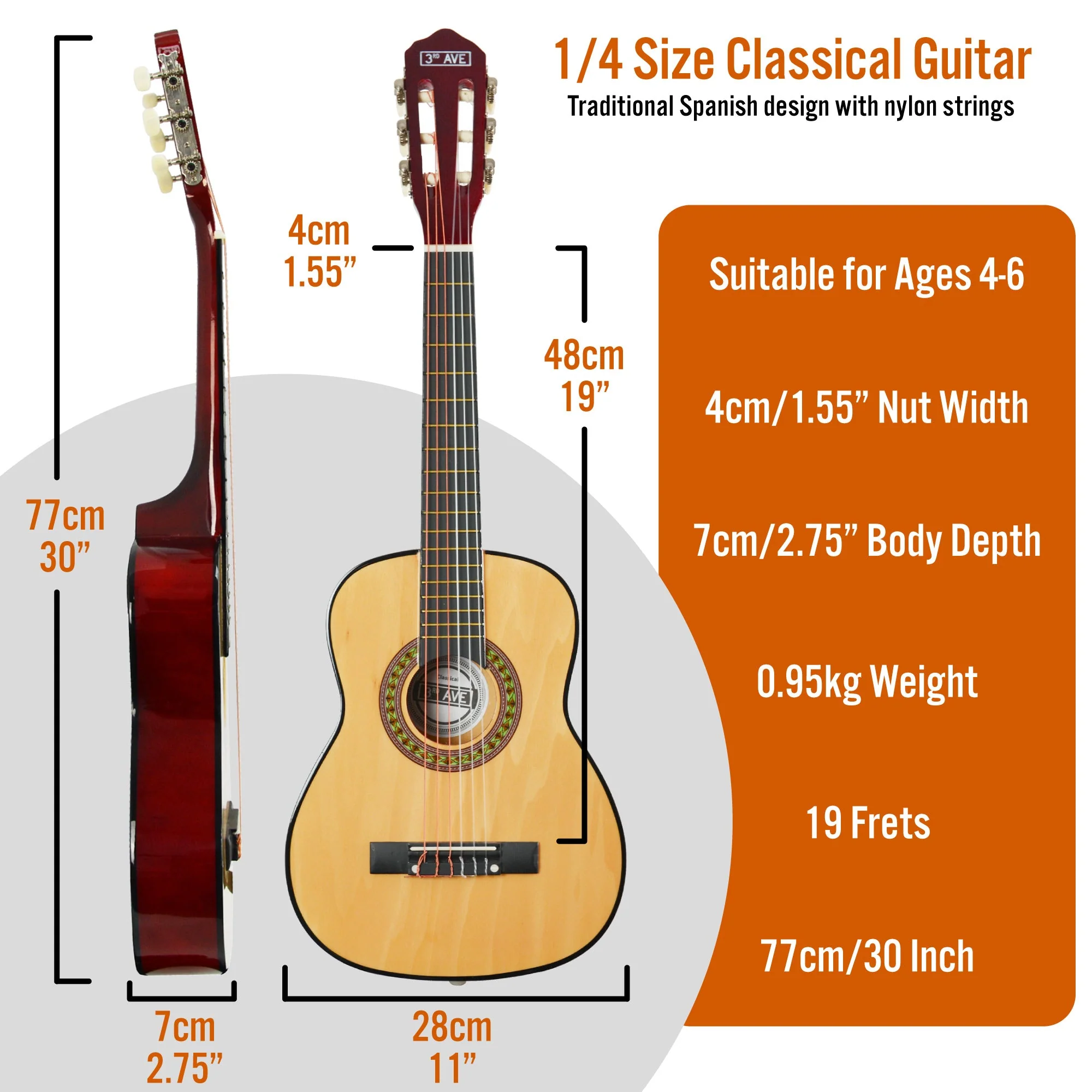 3rd Avenue 1/4 Size Classical Guitar Pack - Natural - Image 2