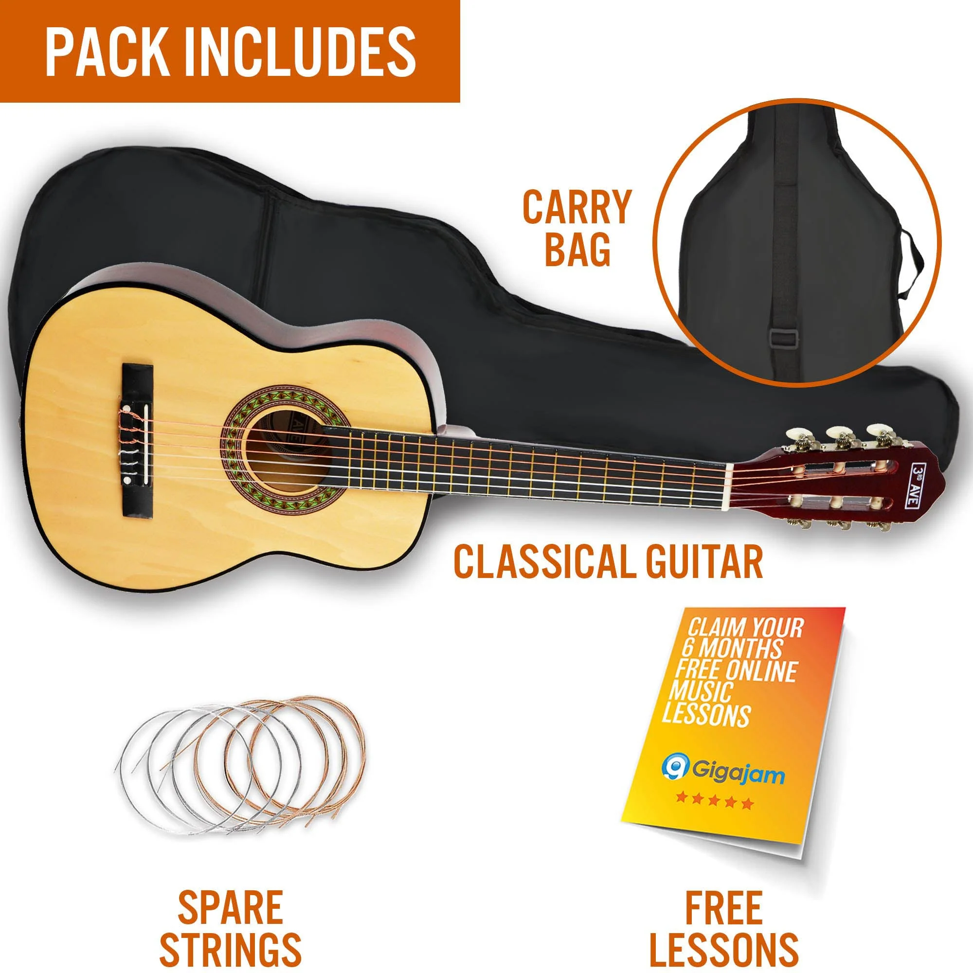 3rd Avenue 1/4 Size Classical Guitar Pack - Natural - Image 3