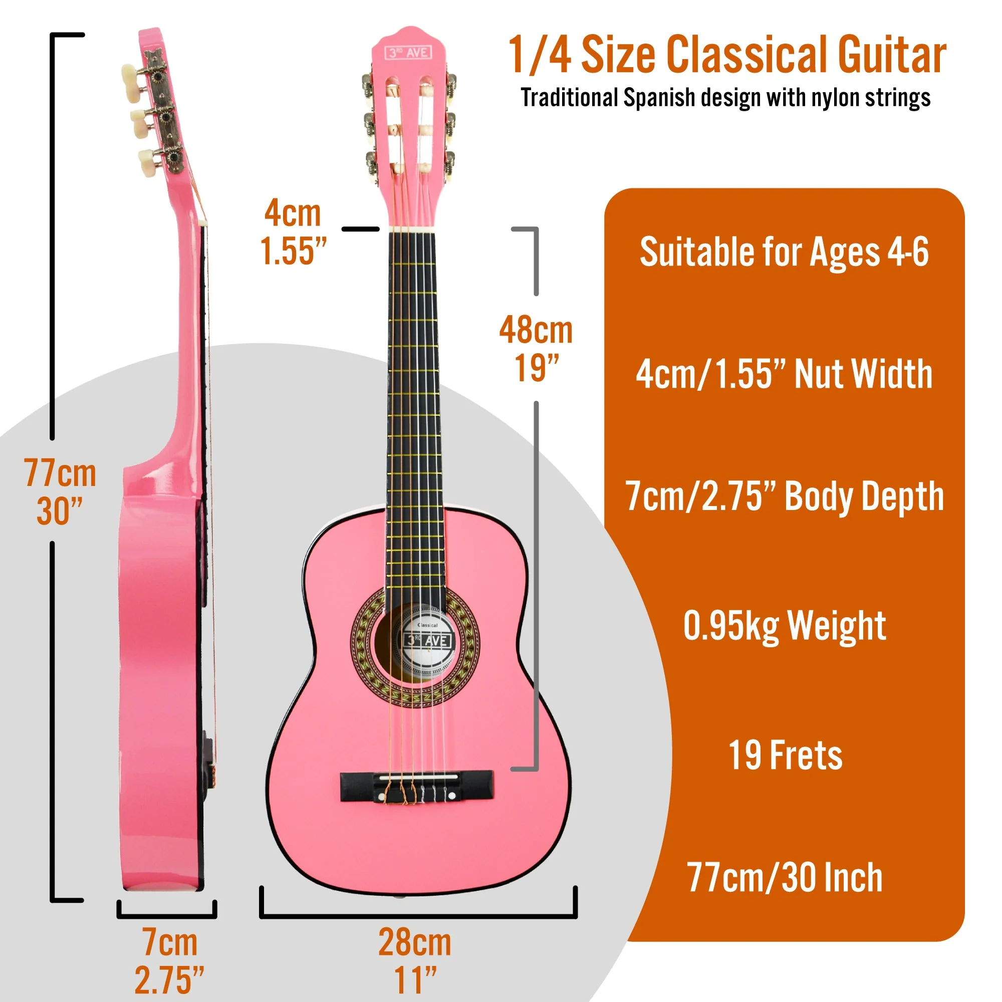 3rd Avenue 1/4 Size Classical Guitar Pack - Pink - Image 2