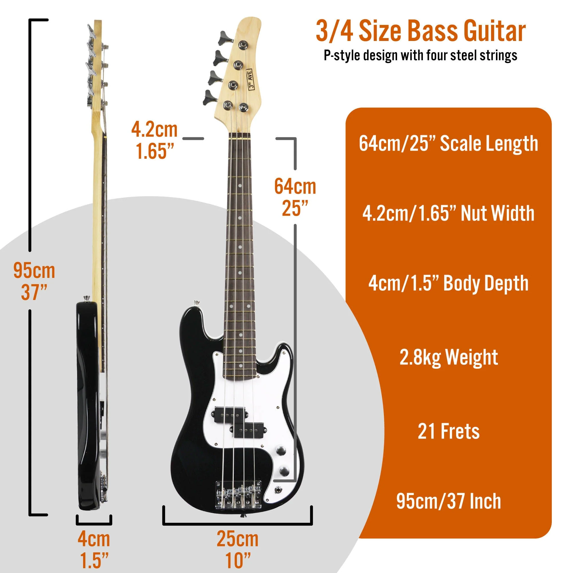 3rd Avenue 3/4 Bass Guitar Starter Pack - Black - Image 2