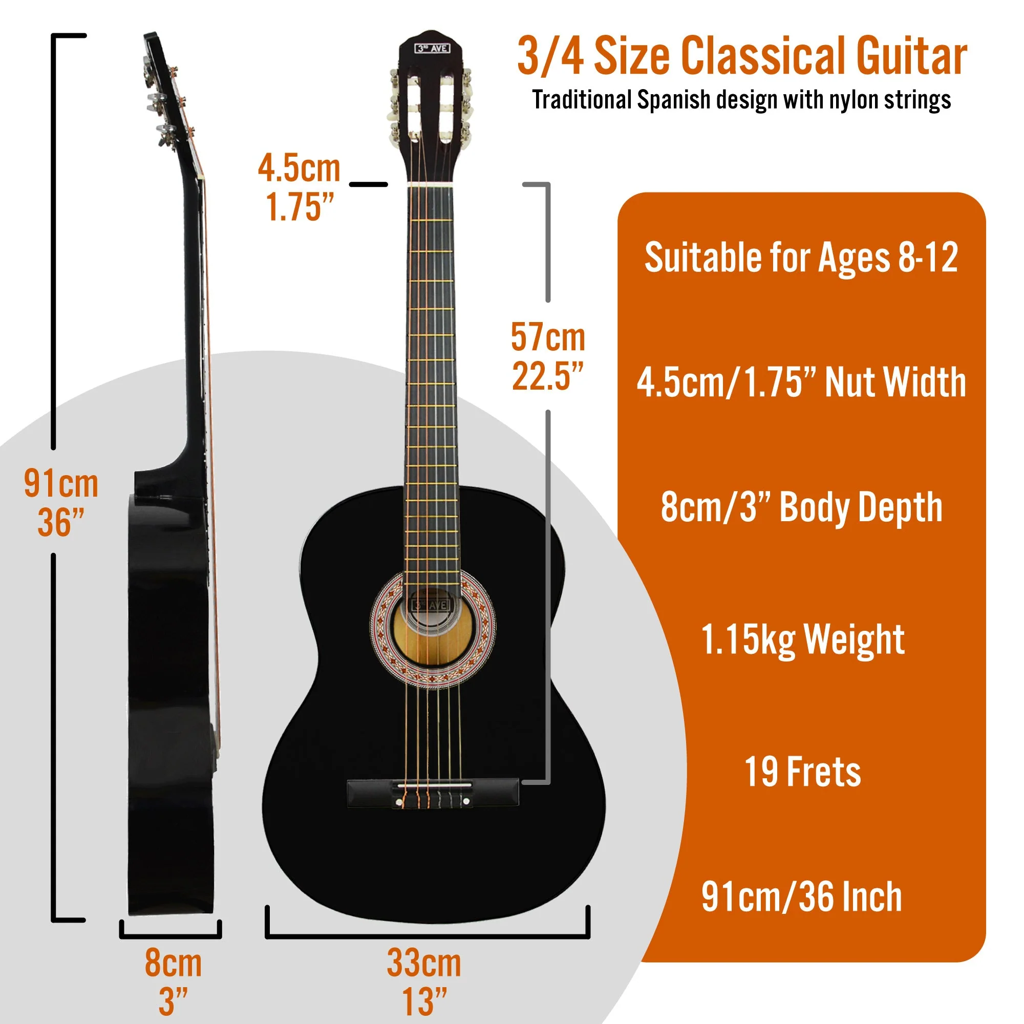 3rd Avenue 3/4 Size Classical Guitar Pack - Black - Image 2