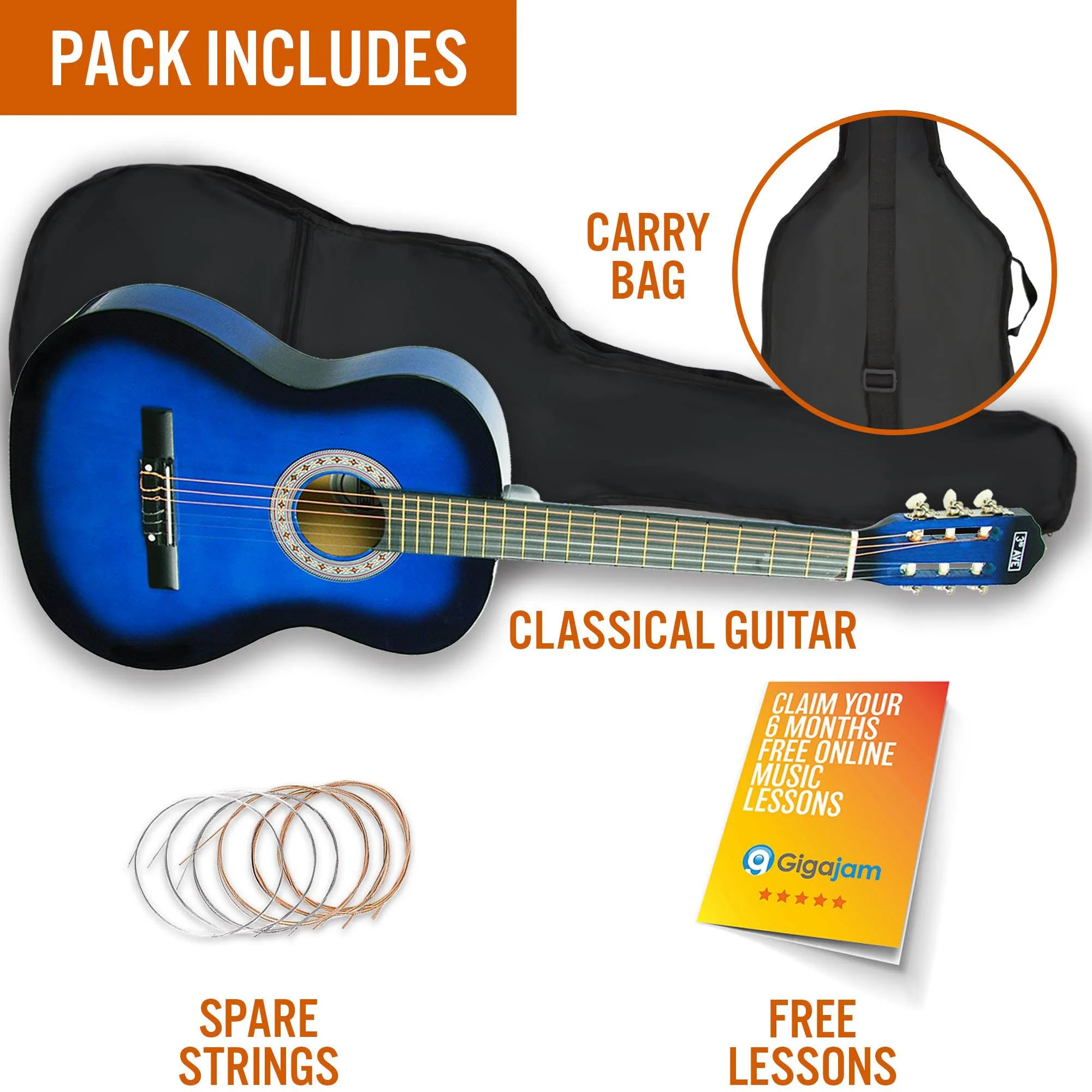 3rd Avenue 3/4 Size Classical Guitar Pack - Blueburst - Image 3