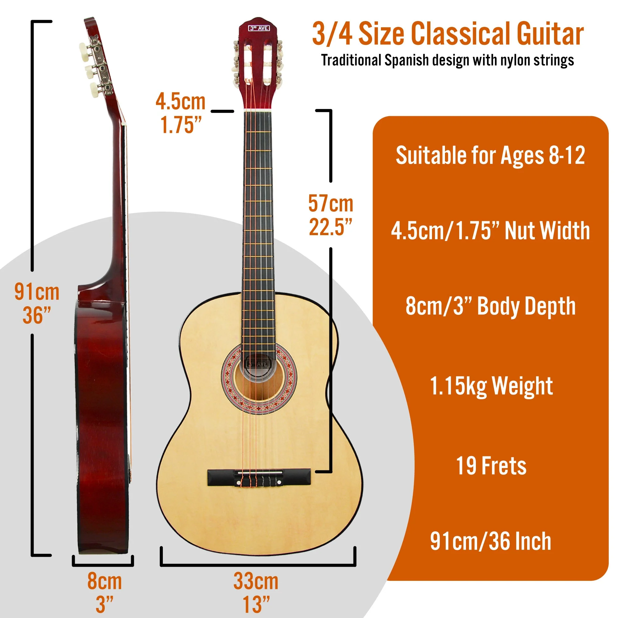 3rd Avenue 3/4 Size Classical Guitar Pack - Natural - Image 2