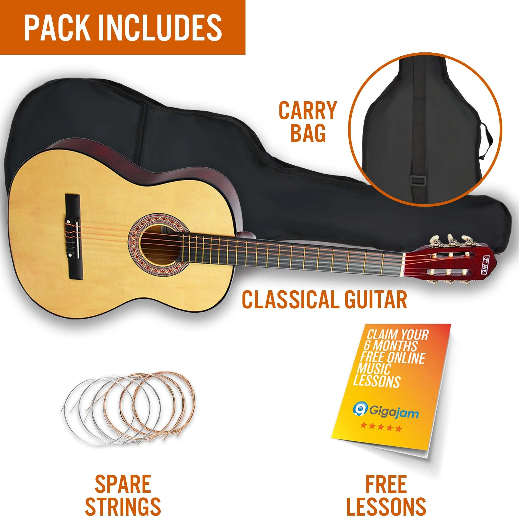 3rd Avenue 3/4 Size Classical Guitar Pack - Natural - Image 3