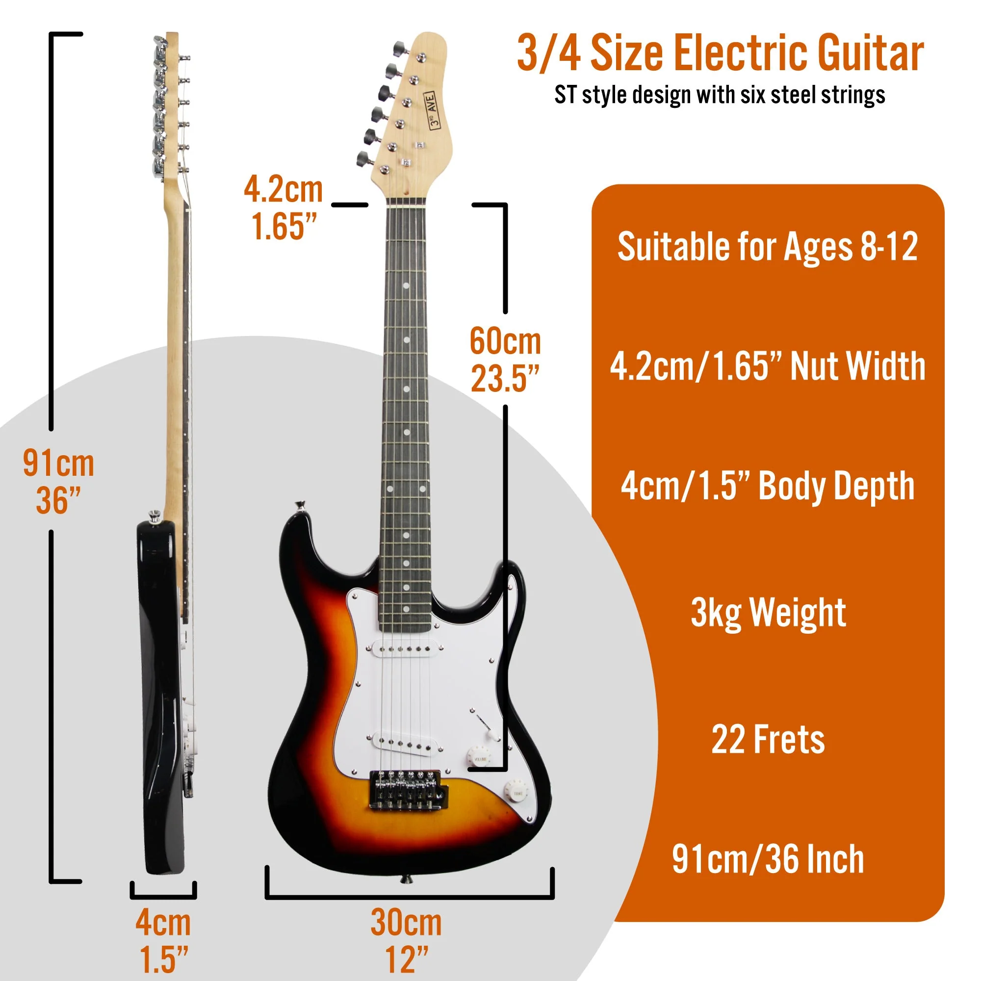 3rd Avenue 3/4 Size Electric Guitar Starter Pack - Sunburst - Image 2