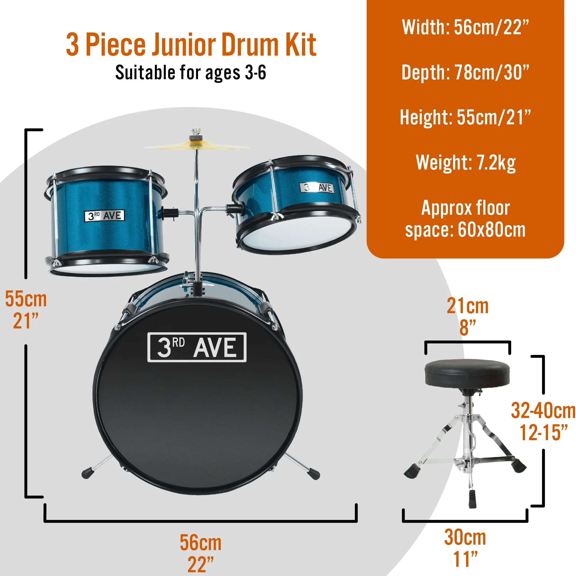 3rd Avenue 3 Piece Beginner Drum Kit - Metallic Blue - Image 2