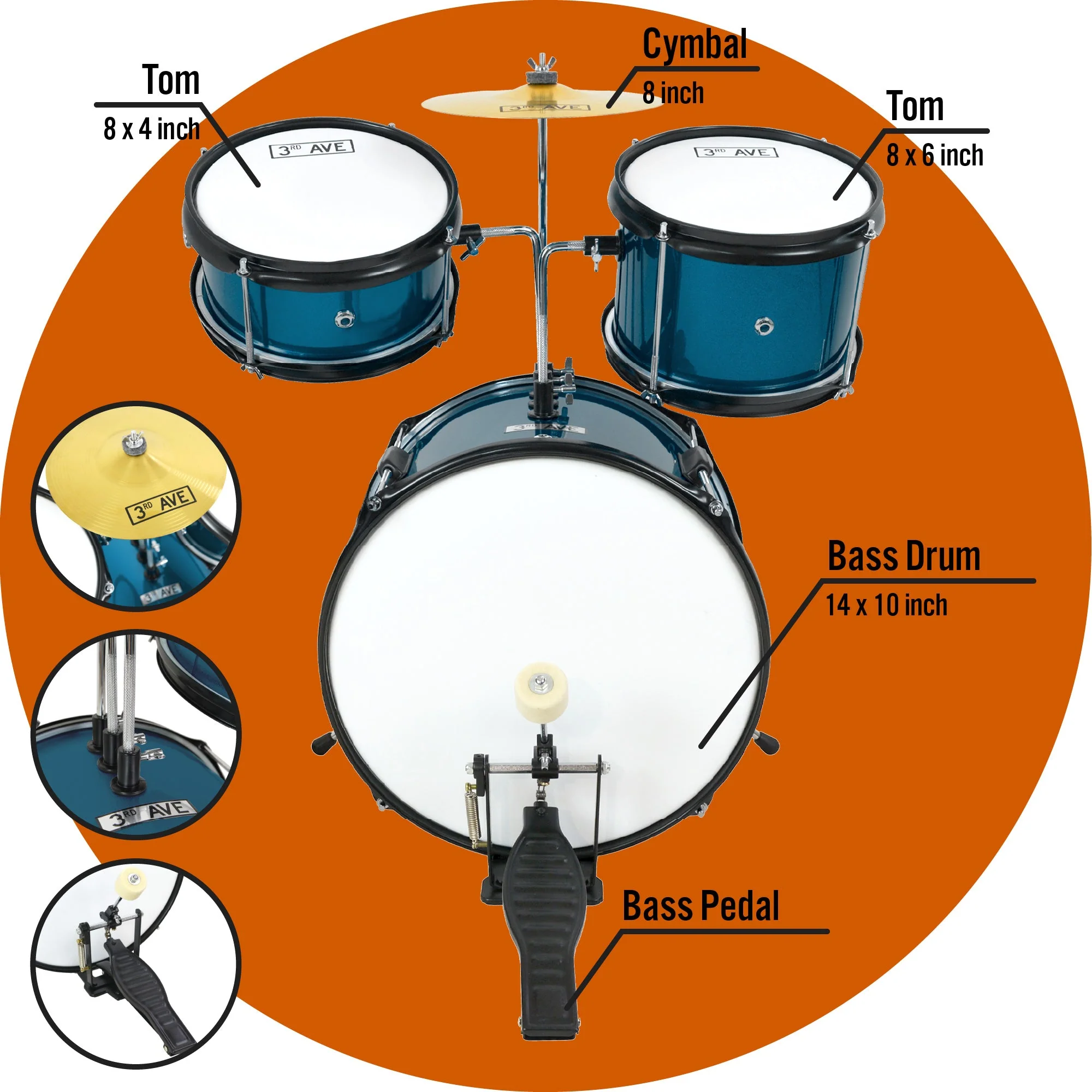 3rd Avenue 3 Piece Beginner Drum Kit - Metallic Blue - Image 4