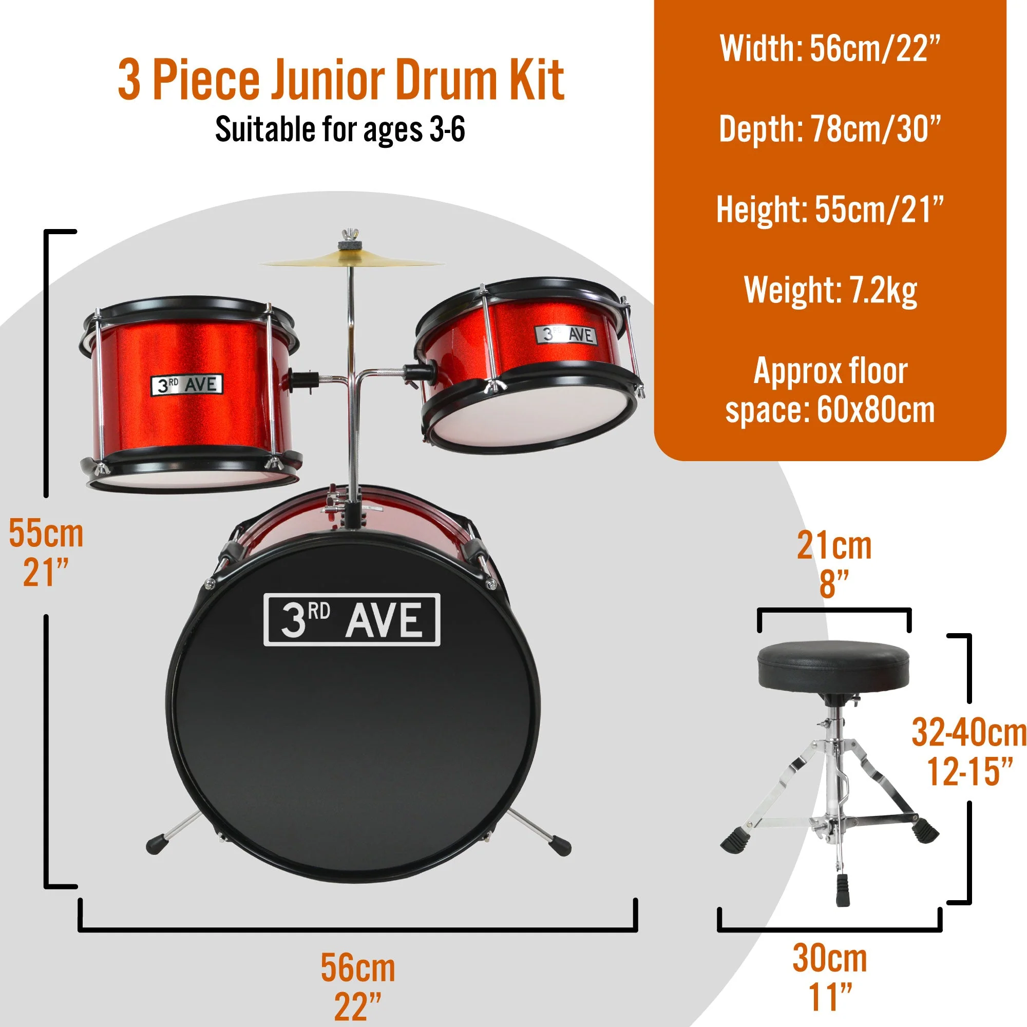 3rd Avenue 3 Piece Junior Drum Kit - Red - Image 2
