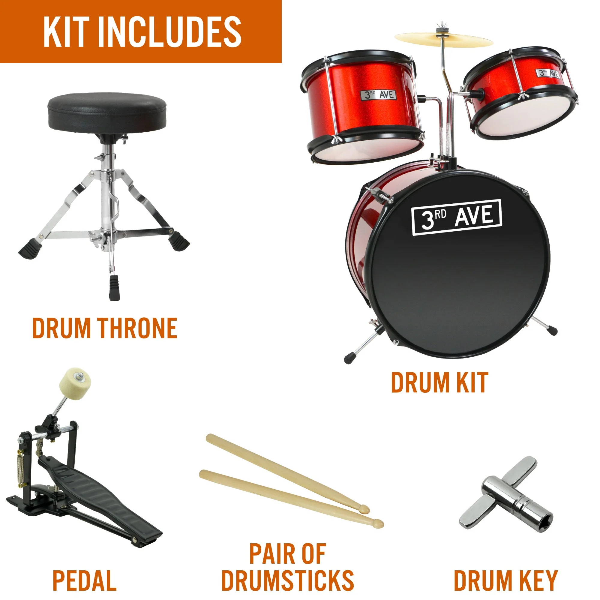 3rd Avenue 3 Piece Junior Drum Kit - Red - Image 3