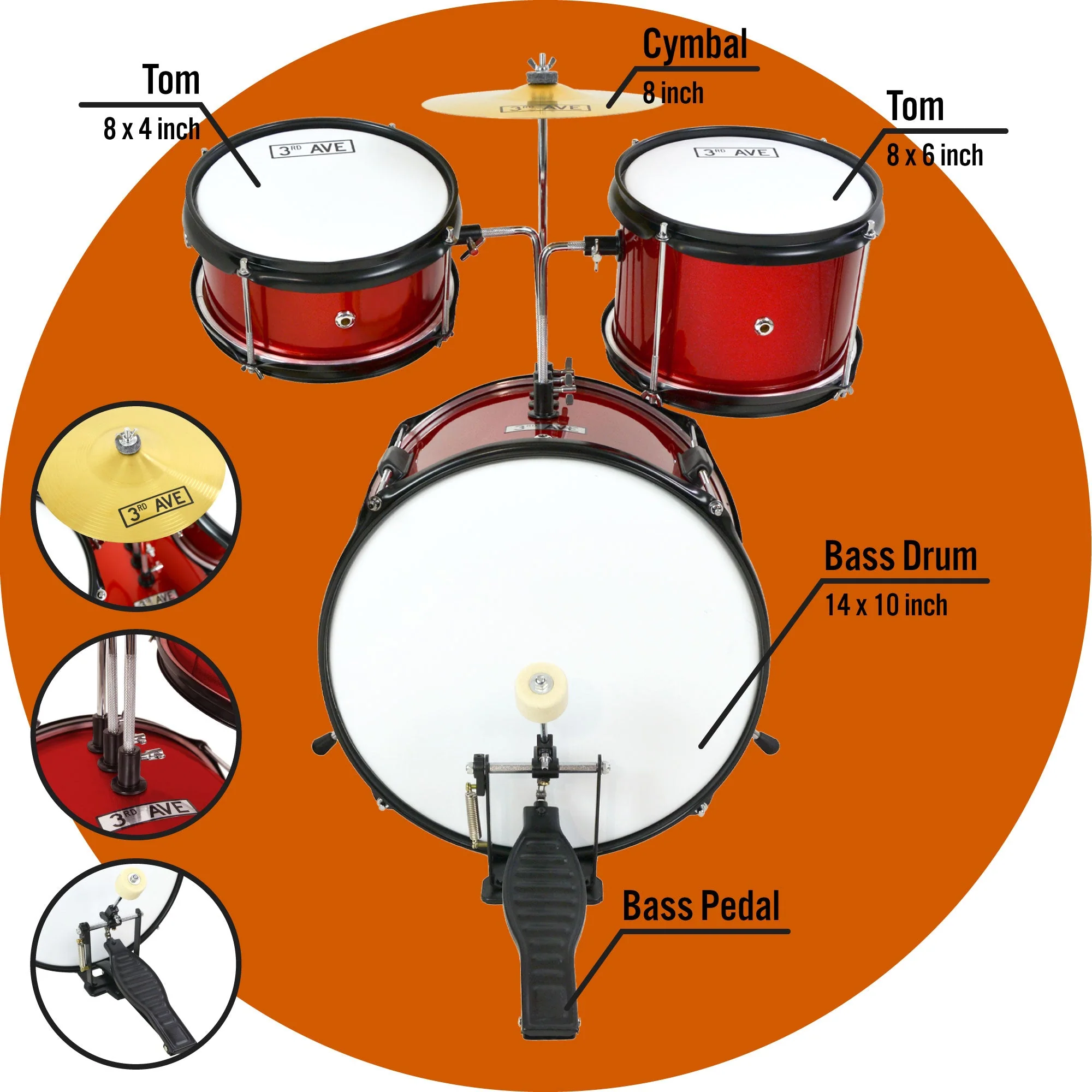 3rd Avenue 3 Piece Junior Drum Kit - Red - Image 4