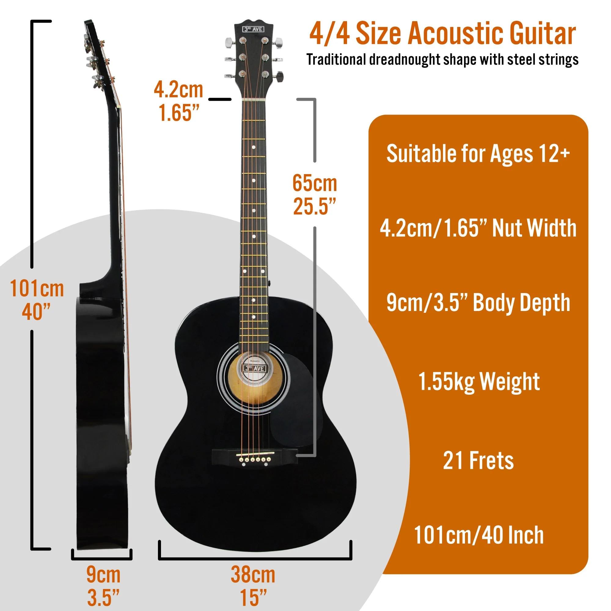 3rd Avenue Acoustic Guitar Pack - Black - Image 2