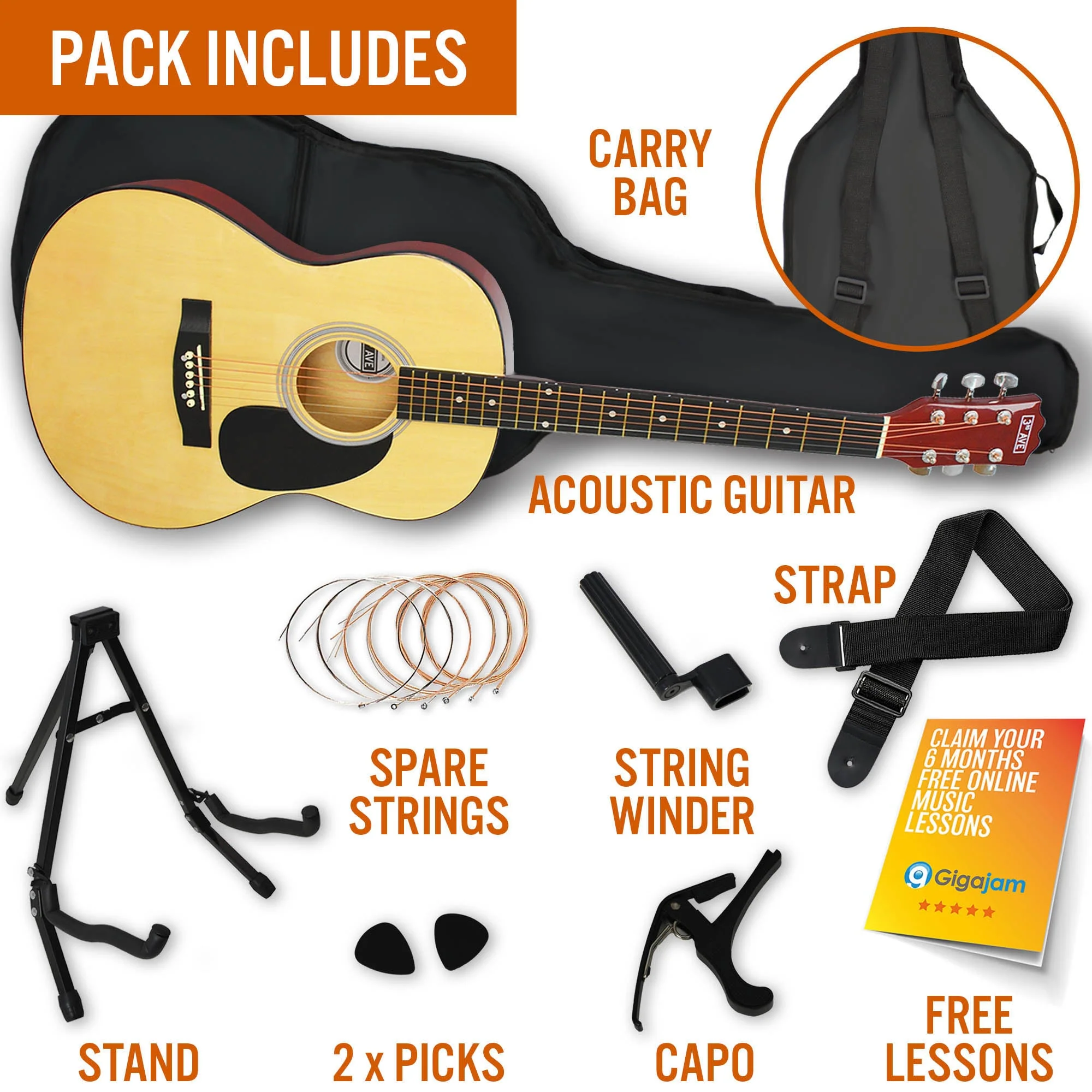 3rd Avenue Acoustic Guitar Premium Pack - Natural - Image 3
