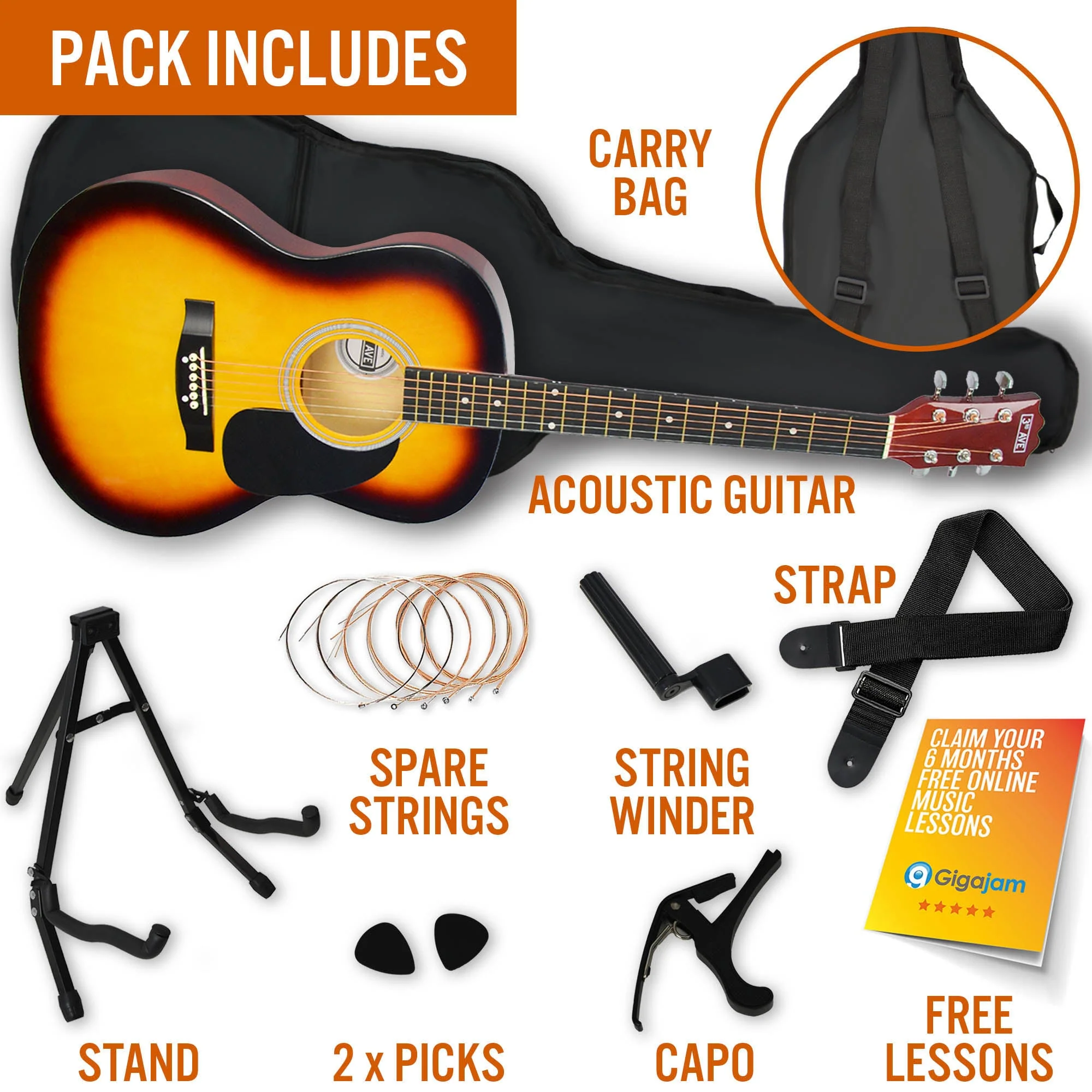 3rd Avenue Acoustic Guitar Premium Pack - Sunburst - Image 3