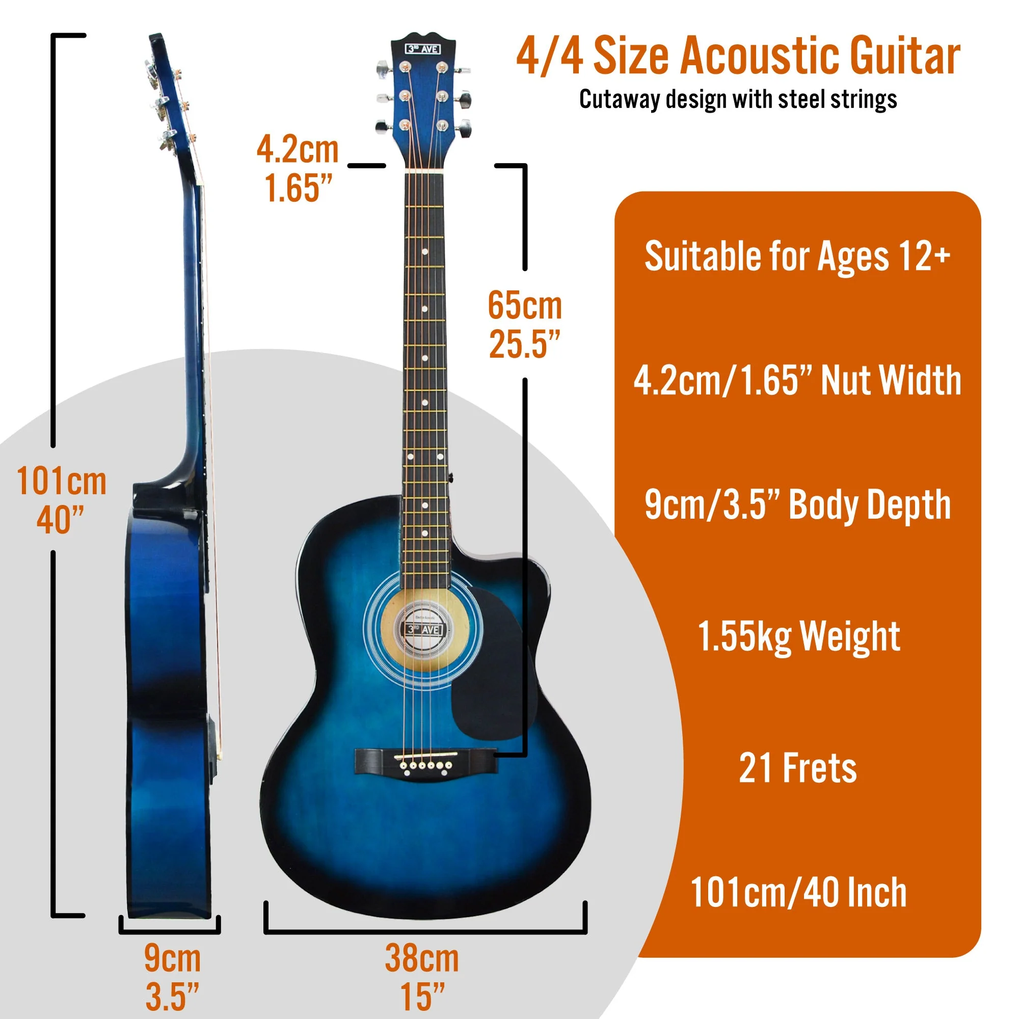 3rd Avenue Cutaway Acoustic Guitar Pack - Blueburst - Image 2