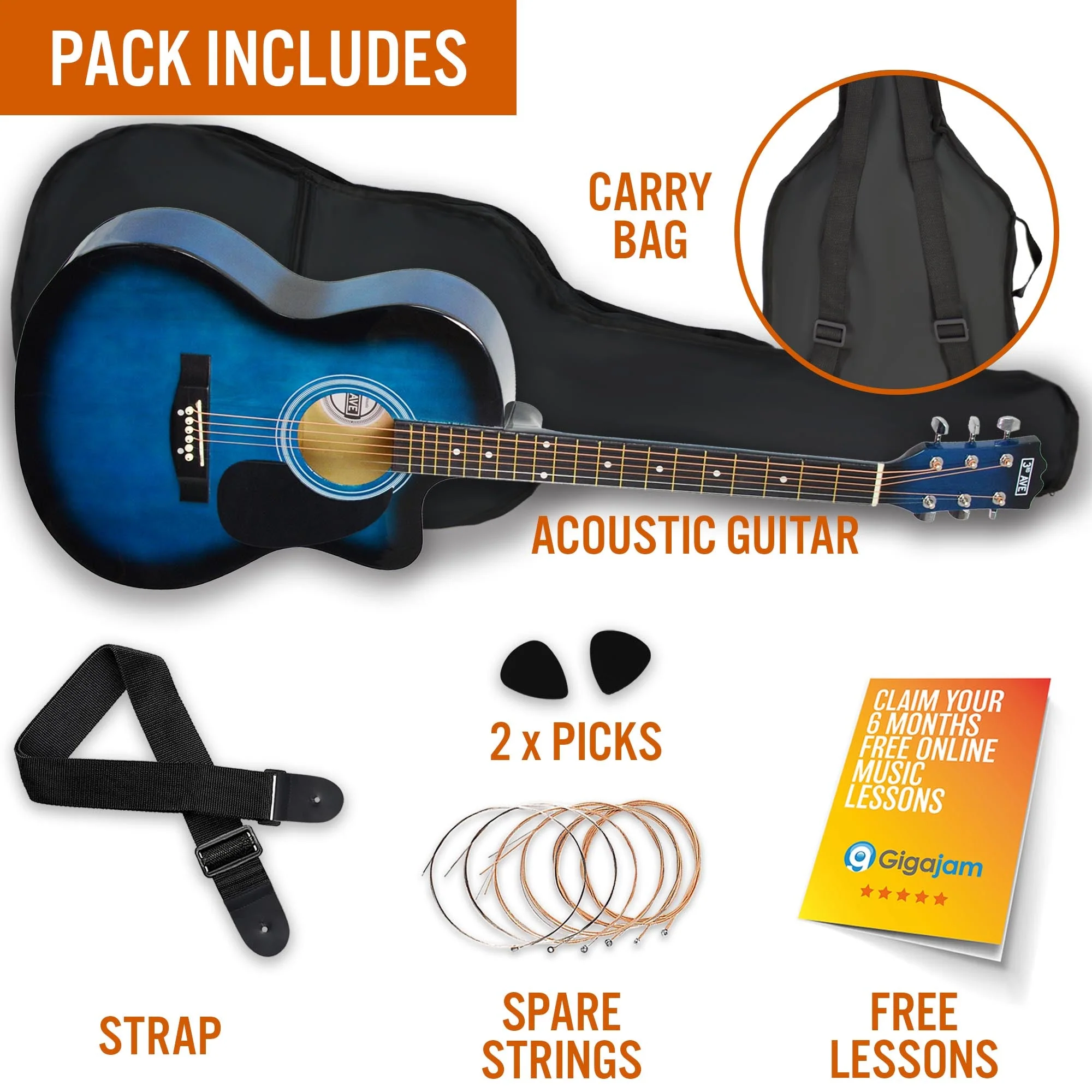3rd Avenue Cutaway Acoustic Guitar Pack - Blueburst - Image 3
