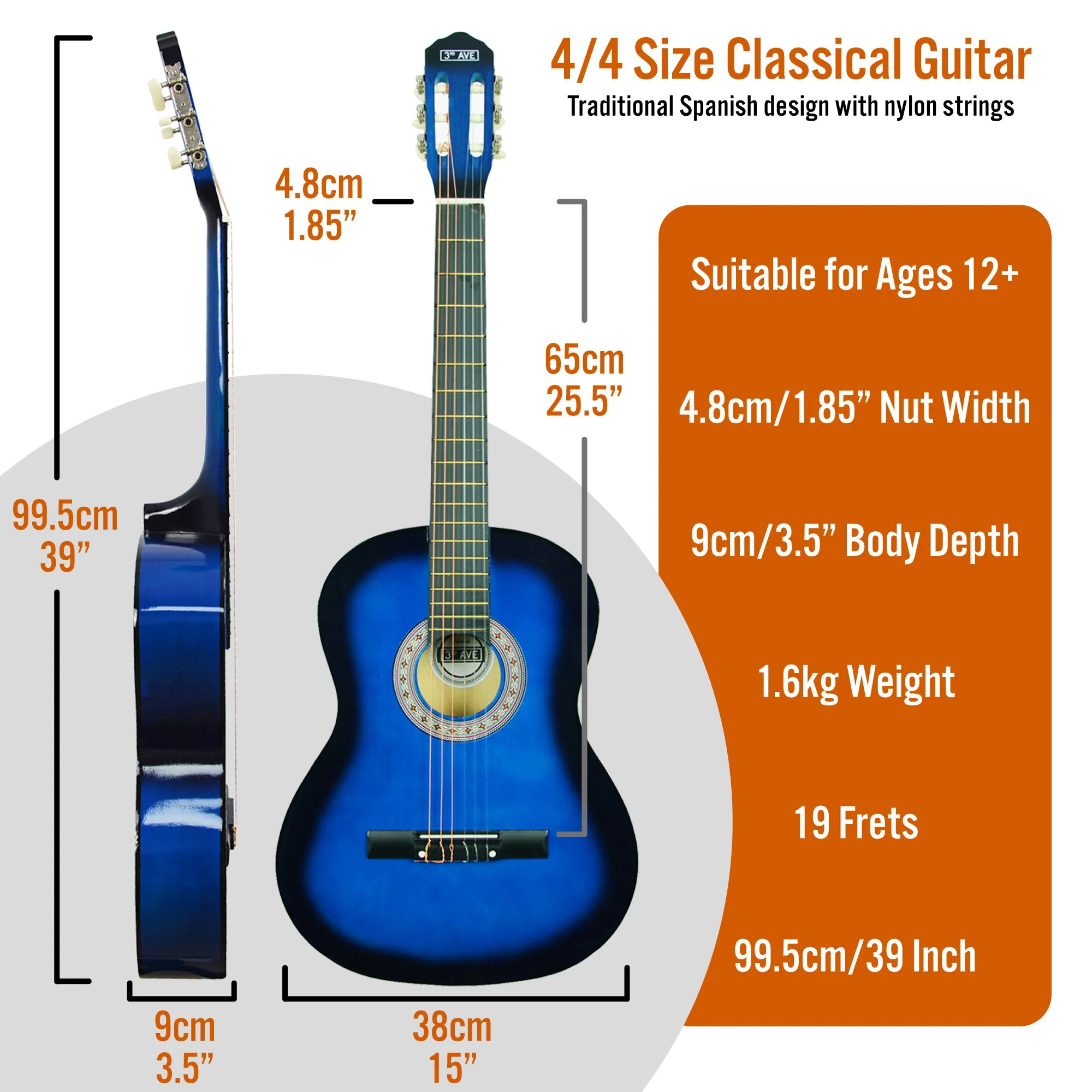 3rd Avenue Full Size Classical Guitar Pack - Blueburst - Image 2