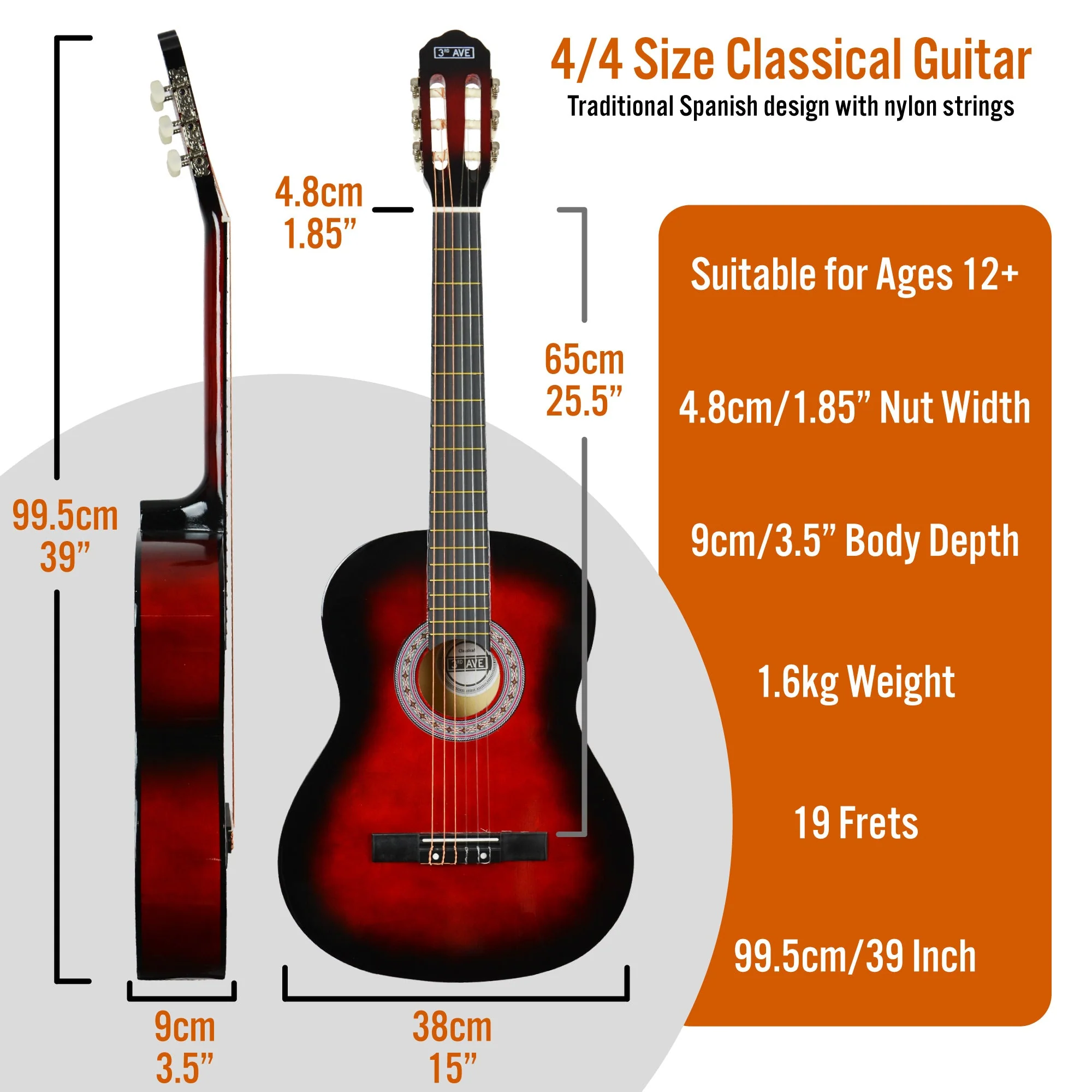 3rd Avenue Full Size Classical Guitar Pack - Redburst - Image 2