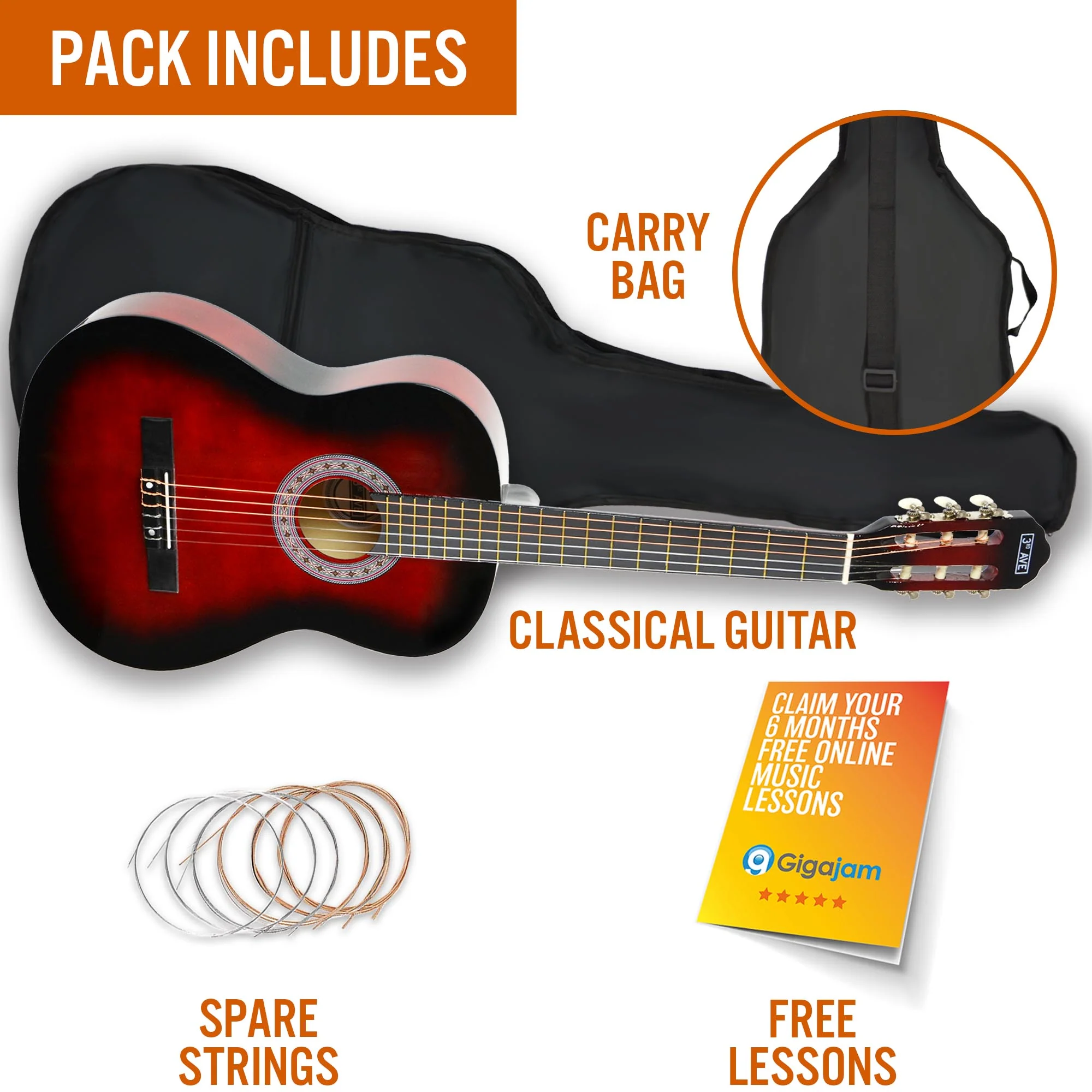 3rd Avenue Full Size Classical Guitar Pack - Redburst - Image 3