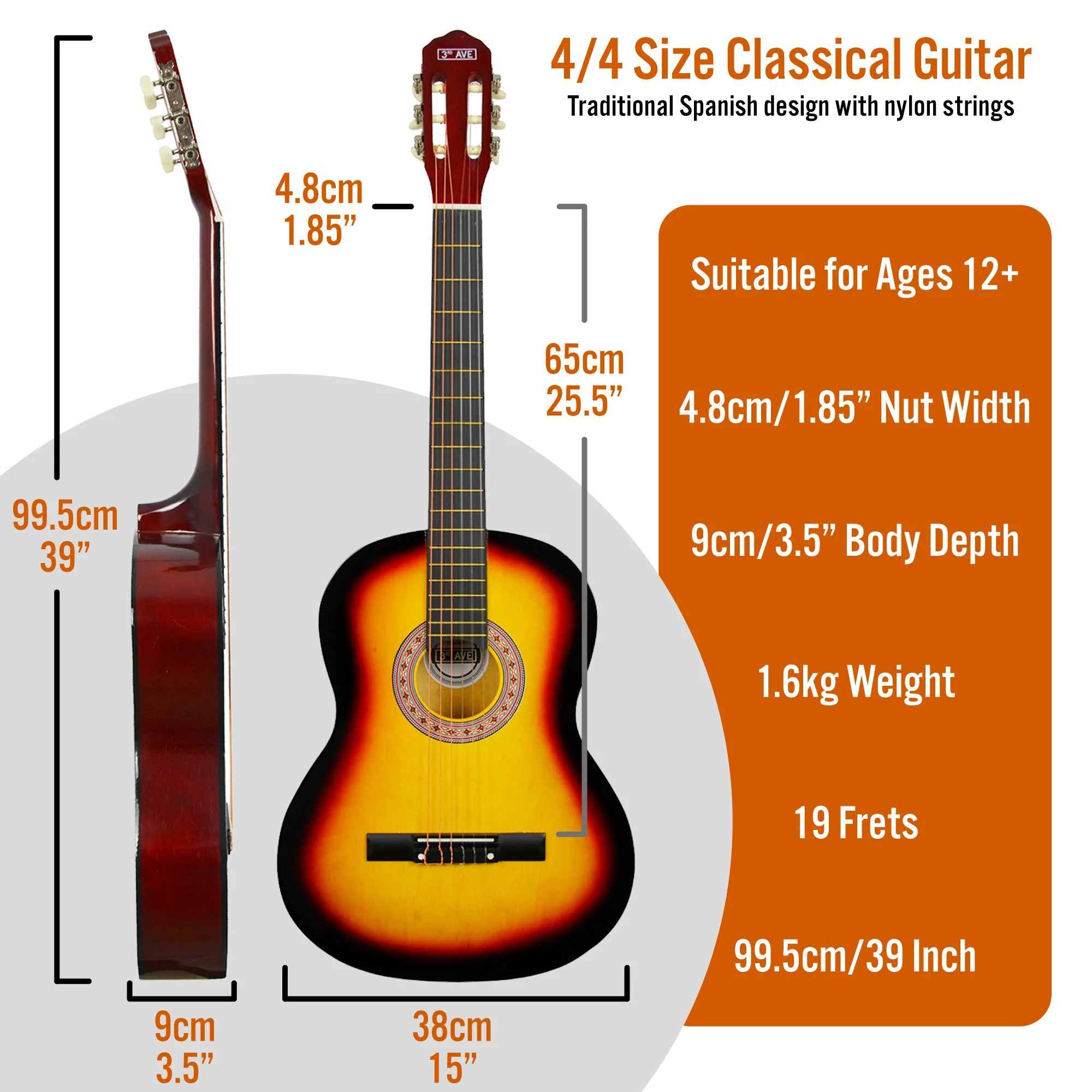 3rd Avenue Full Size Classical Guitar Pack - Sunburst - Image 2