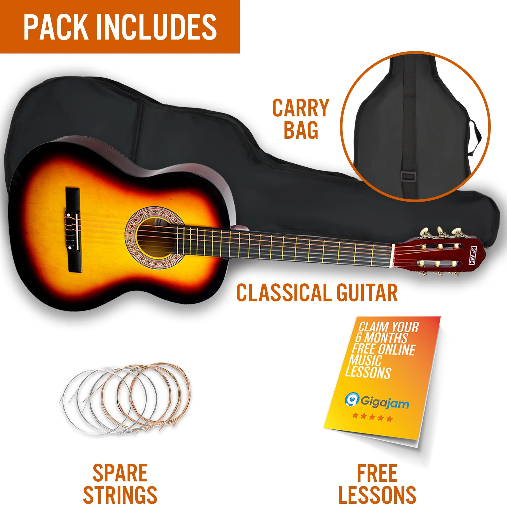 3rd Avenue Full Size Classical Guitar Pack - Sunburst - Image 3