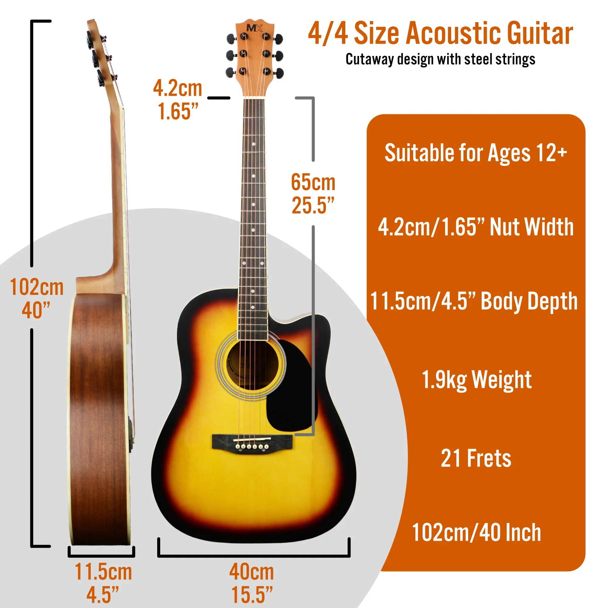 3rd Avenue MX Cutaway Acoustic Guitar Pack - Sunburst - Image 2