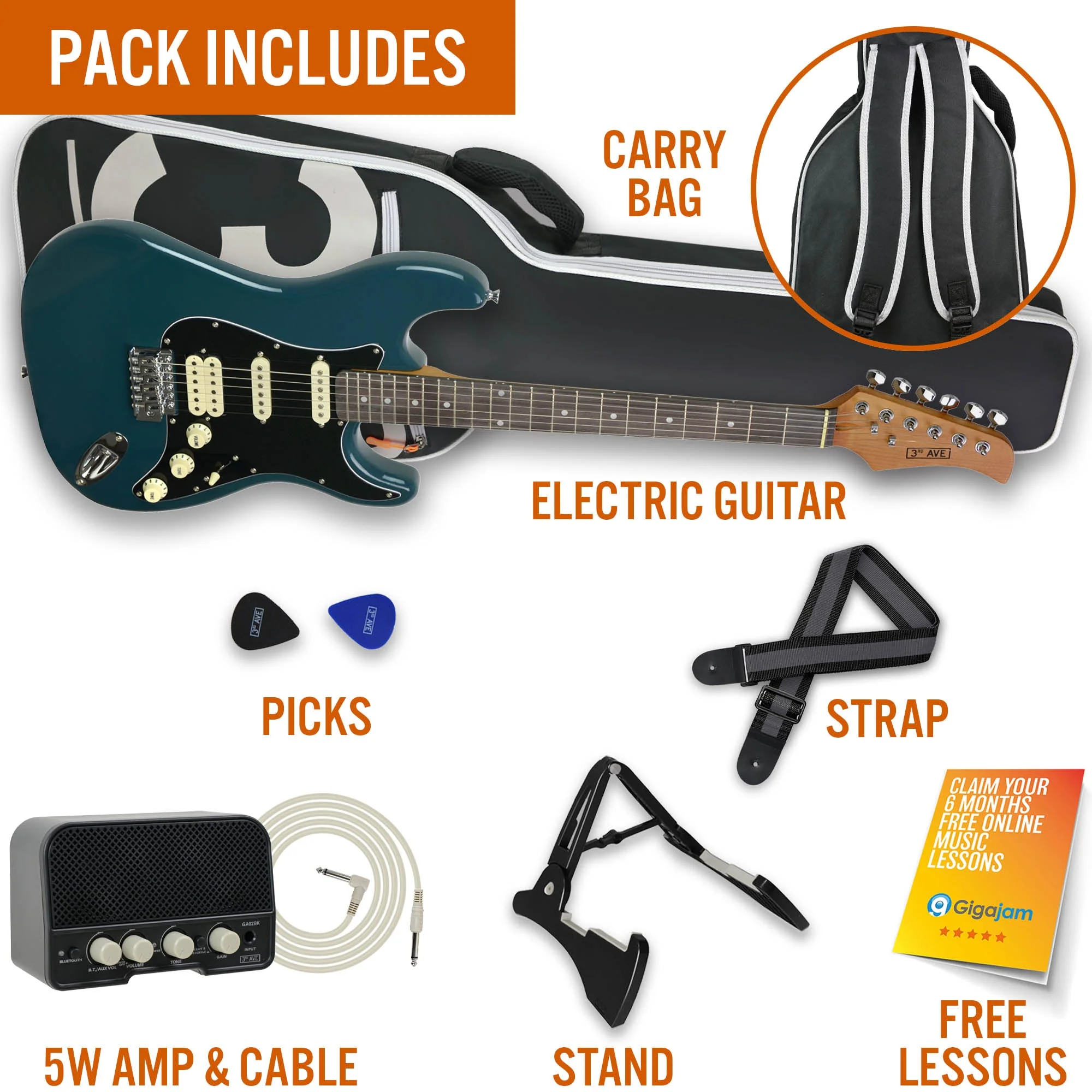 3rd Avenue Stateside Electric Guitar Pack - Delta Blue - Image 3