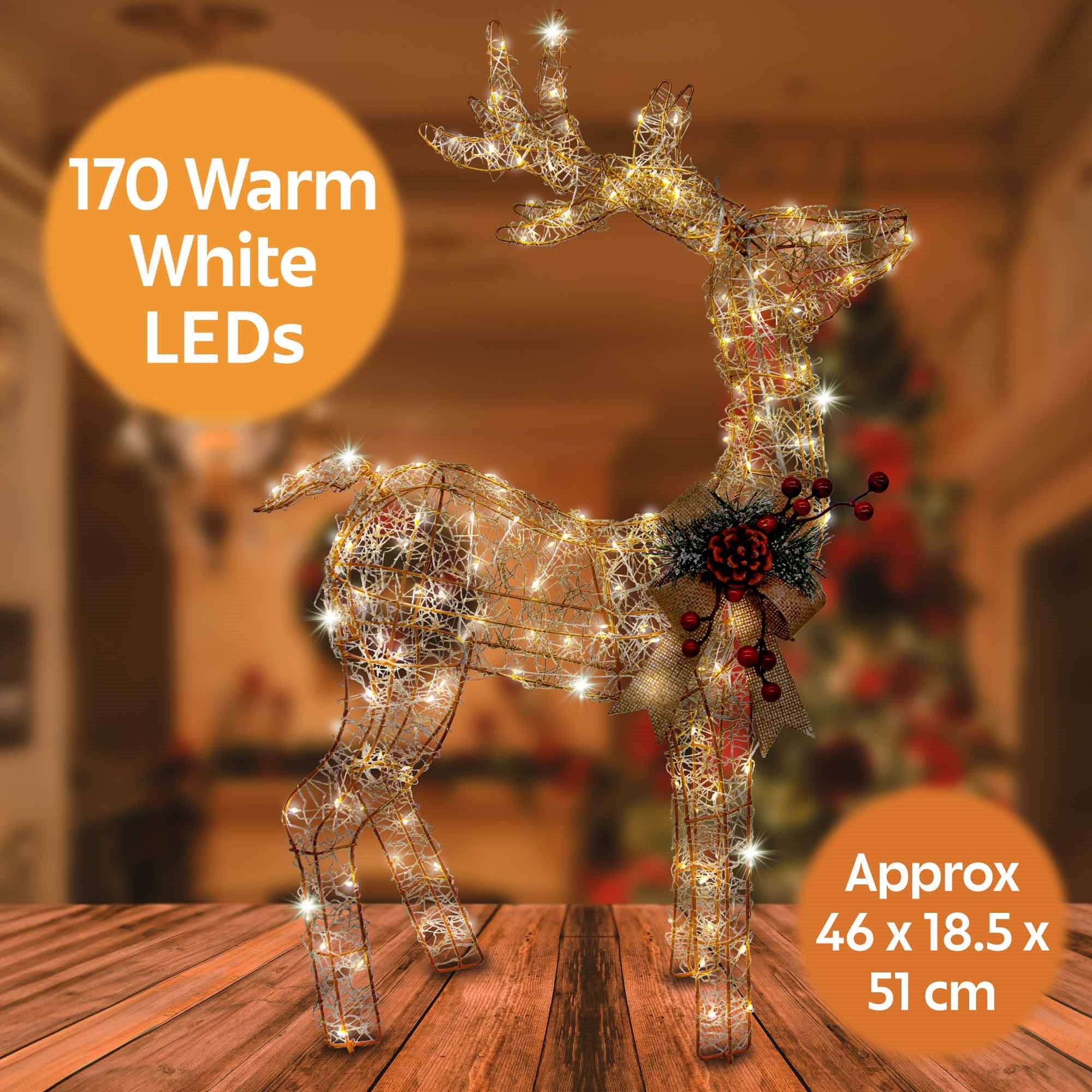 Christmas Sparkle Rattan Reindeer with Champagne Bow with 170 Warm White Lights - Gold - Image 3