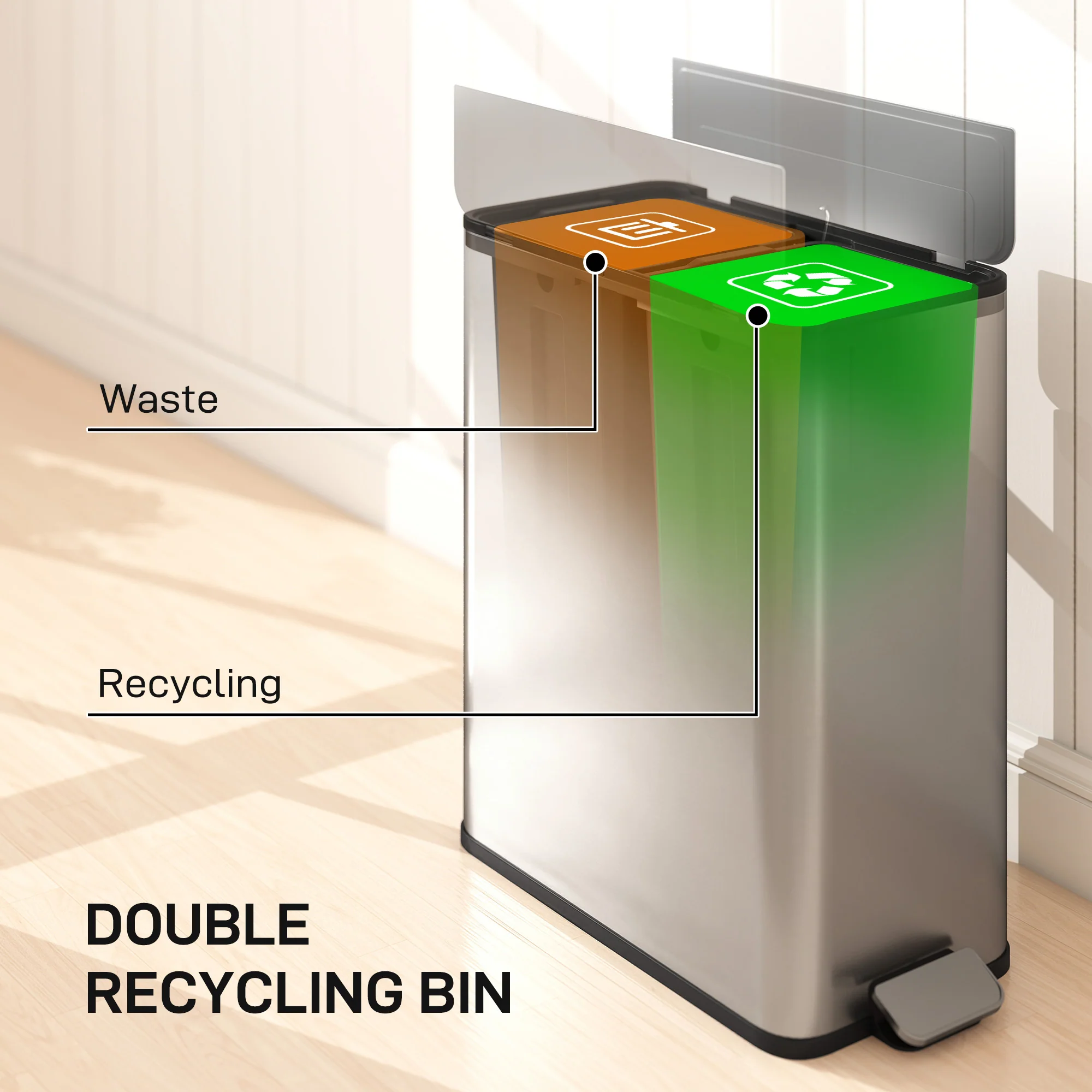 56L Dual Kitchen Bin with Removable Inner Buckets for Recycling and Waste - Image 3