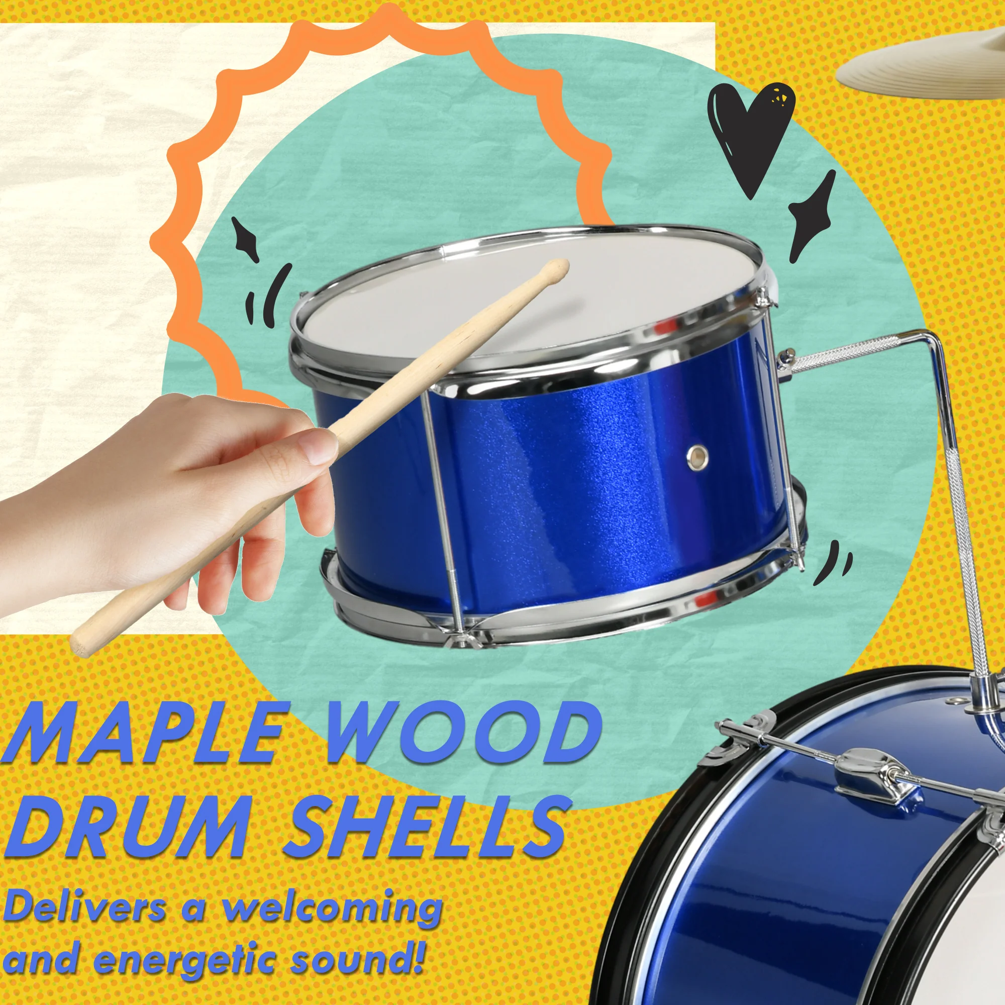 AIYAPLAY 11 Piece Junior Drum Set For Kids With Stool, Drumsticks, Blue - Image 6