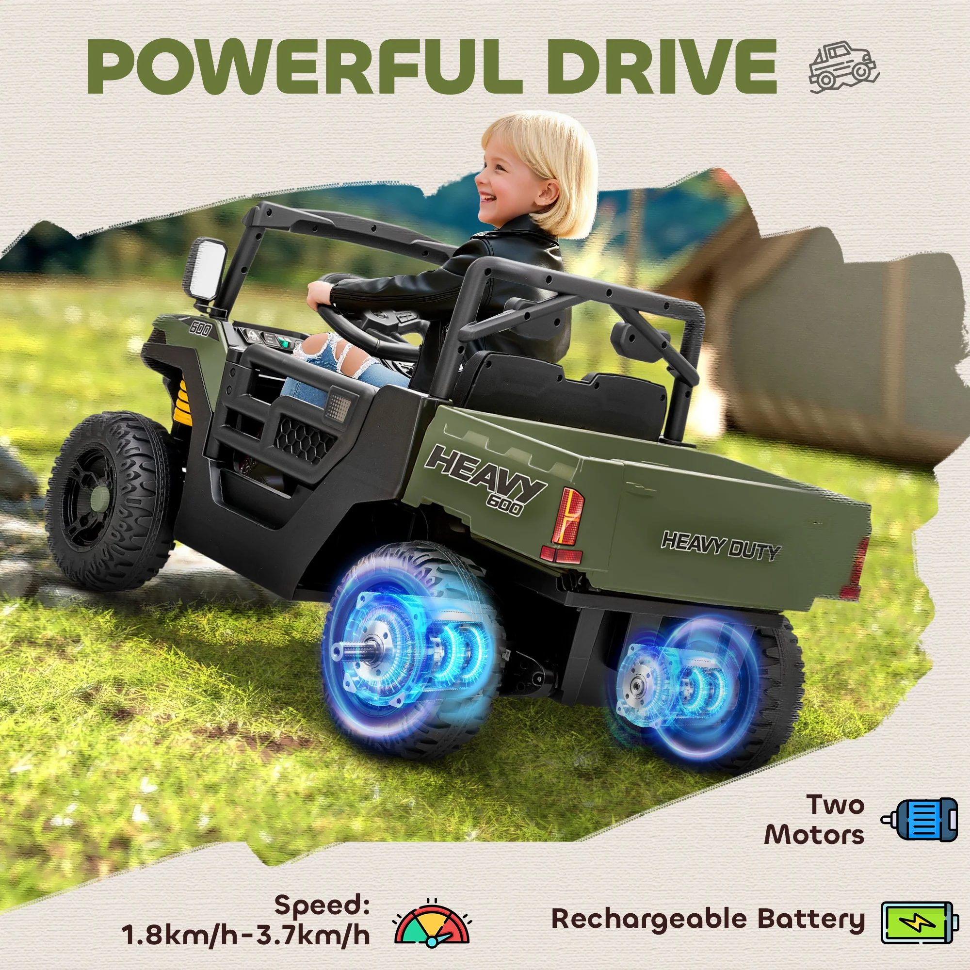 AIYAPLAY 12V Kids Ride on Car, Kids UTV with Electric Dump Bed, Green - Image 3