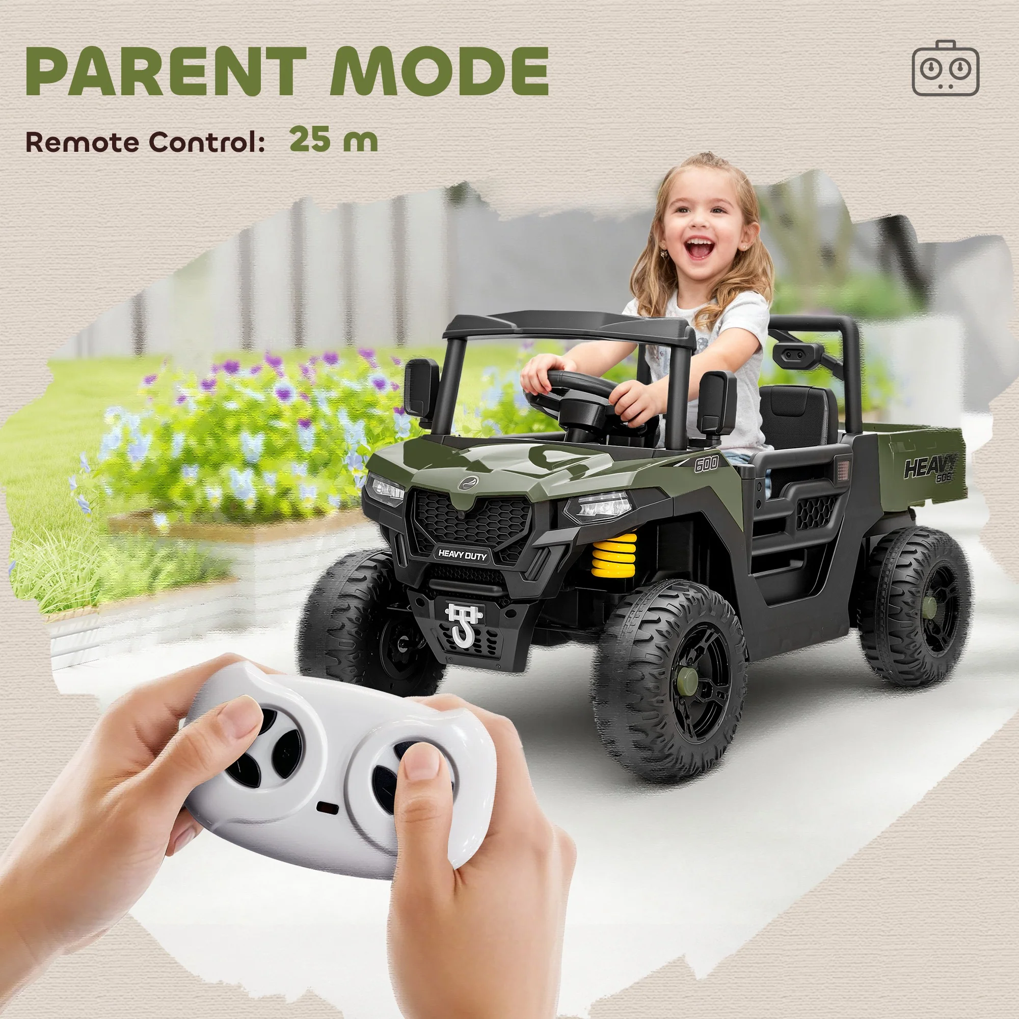 AIYAPLAY 12V Kids Ride on Car, Kids UTV with Electric Dump Bed, Green - Image 6