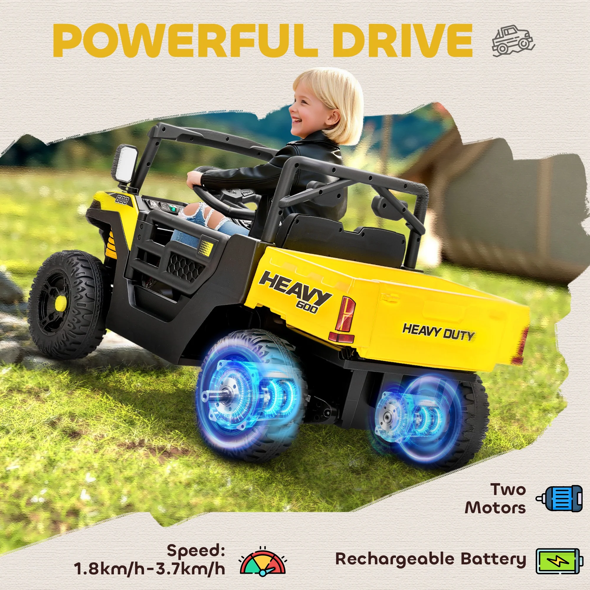 AIYAPLAY 12V Kids Ride on Car, Kids UTV with Electric Dump Bed, Yellow - Image 3