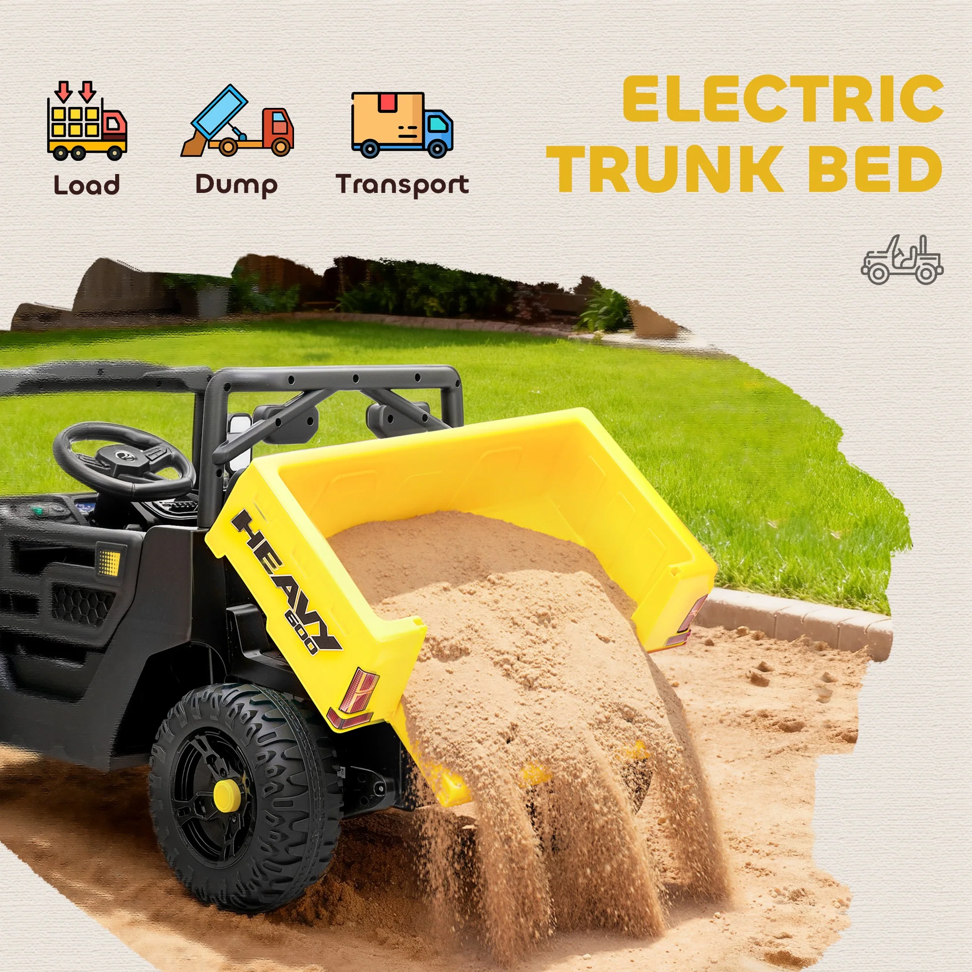 AIYAPLAY 12V Kids Ride on Car, Kids UTV with Electric Dump Bed, Yellow - Image 4