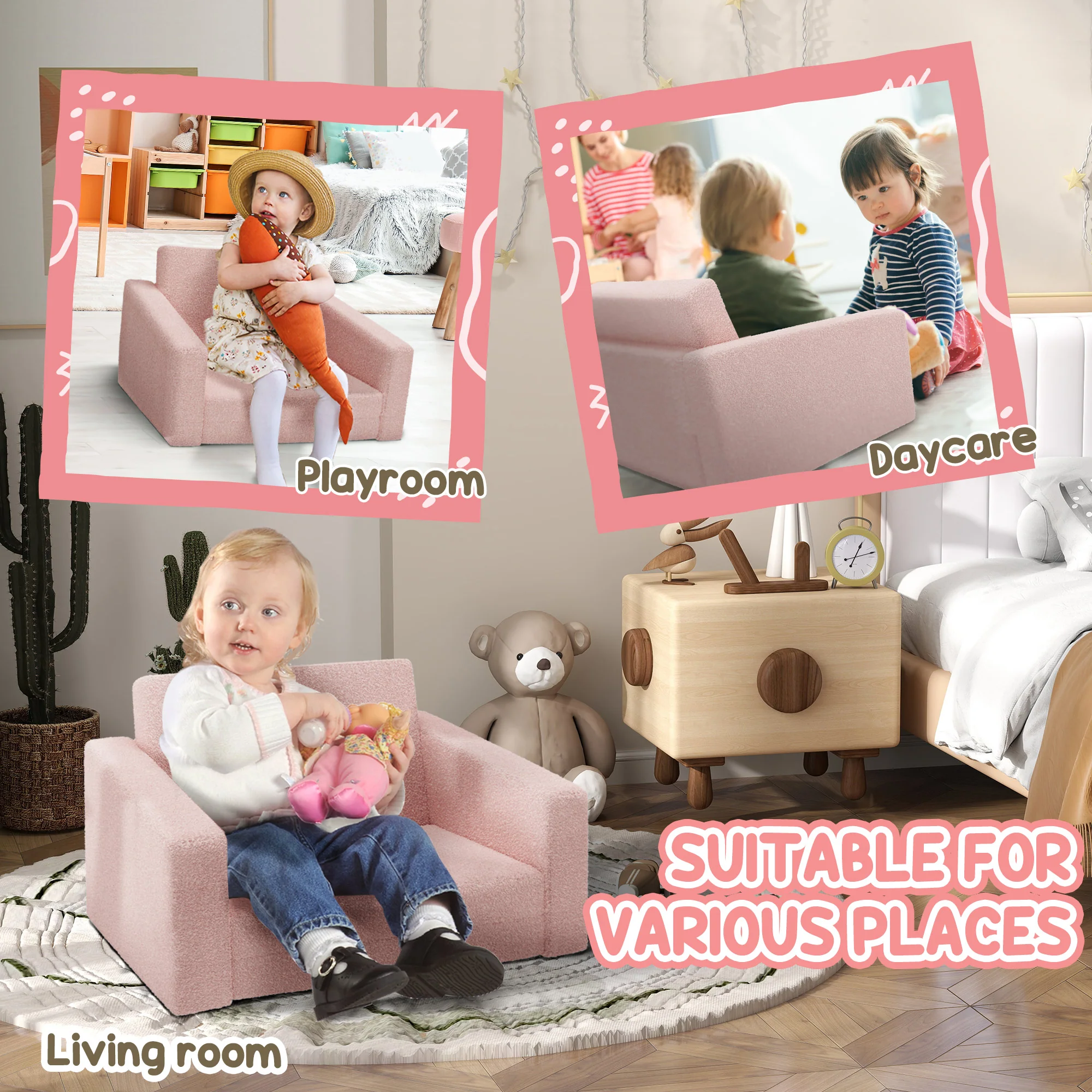 AIYAPLAY 2 in 1 Kids Chair Recliner with Washable Cushion, Cover, Pink - Image 4