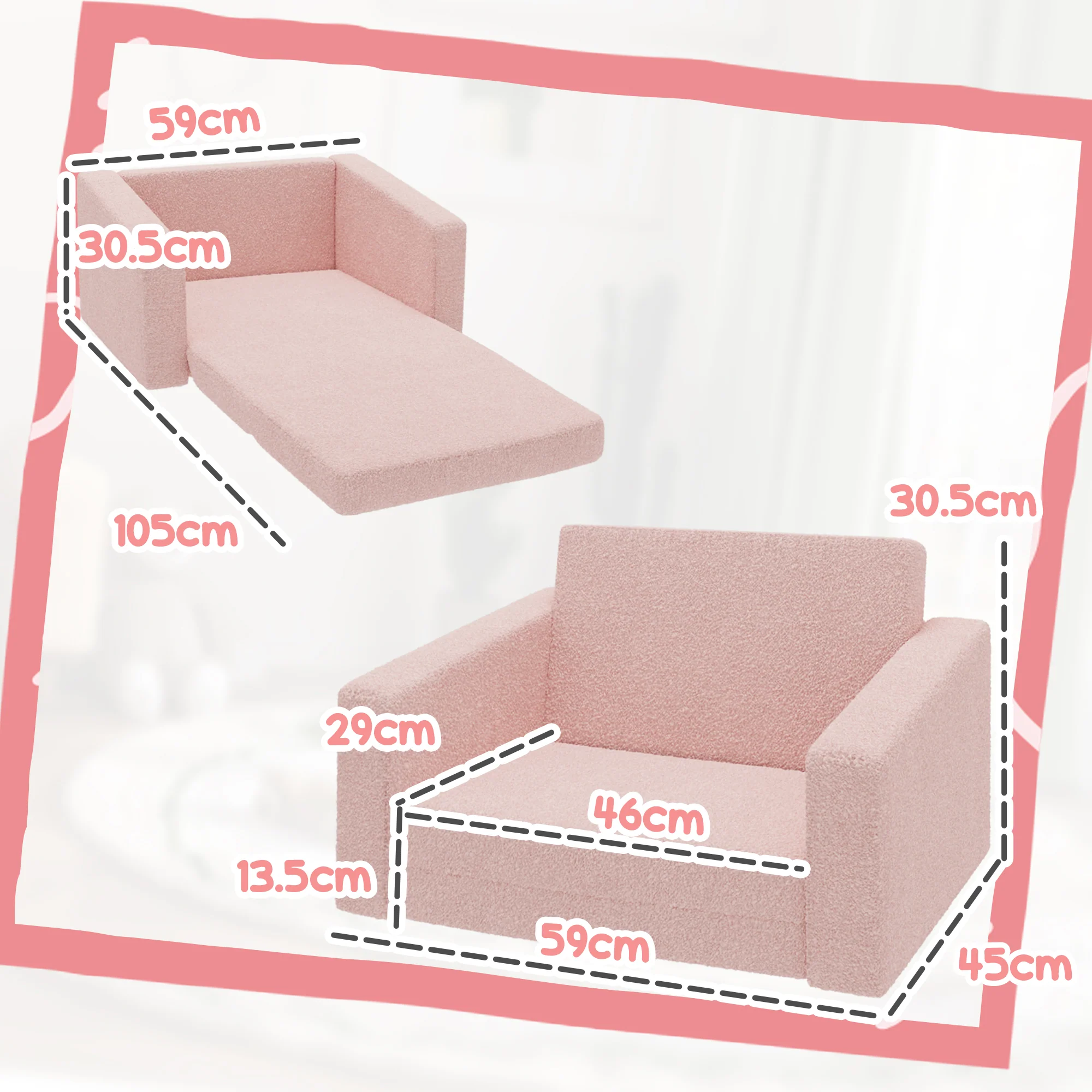 AIYAPLAY 2 in 1 Kids Chair Recliner with Washable Cushion, Cover, Pink - Image 5