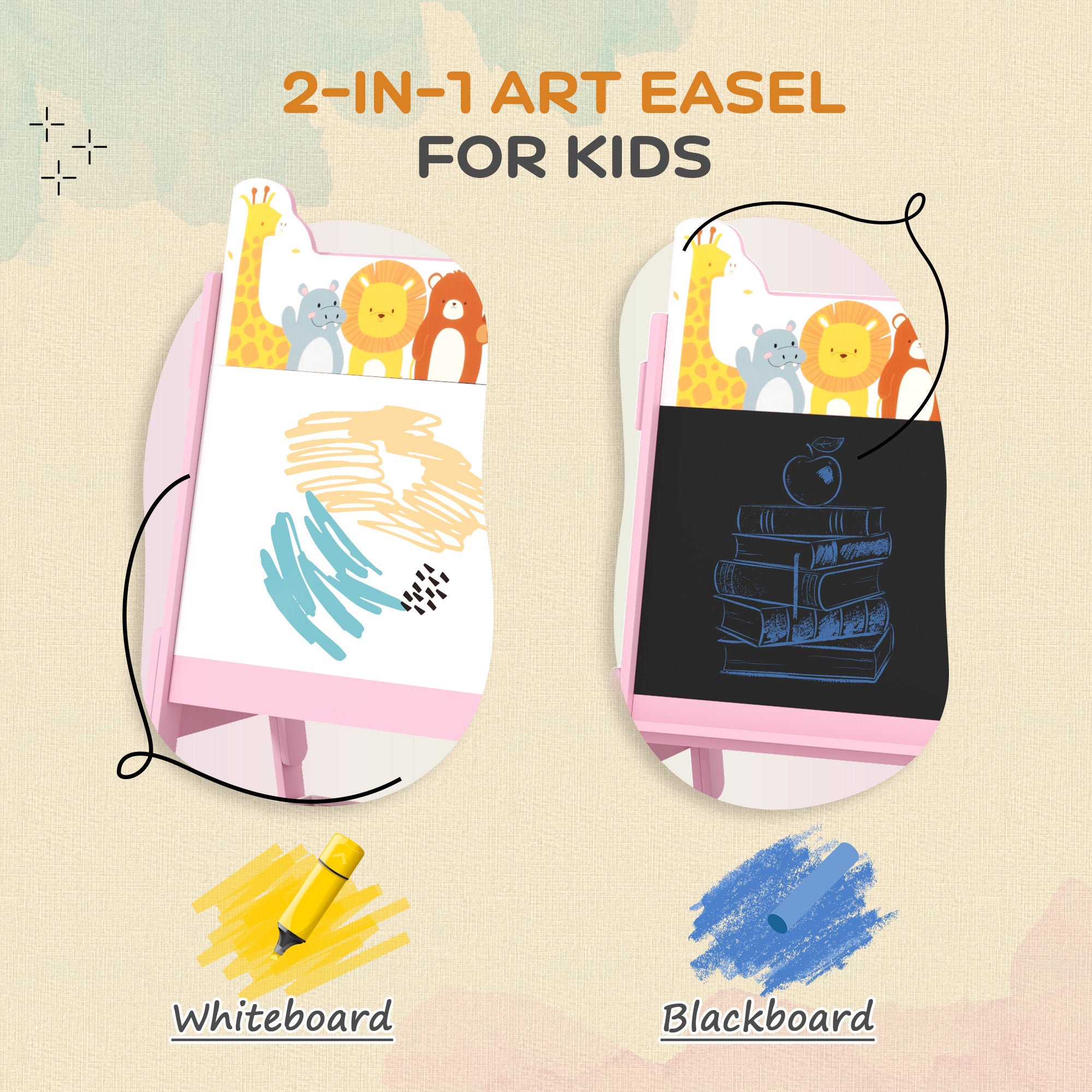 AIYAPLAY 2 in 1 Kids Easel with Whiteboard, Chalkboard, Storage Boxes, Pink - Image 3