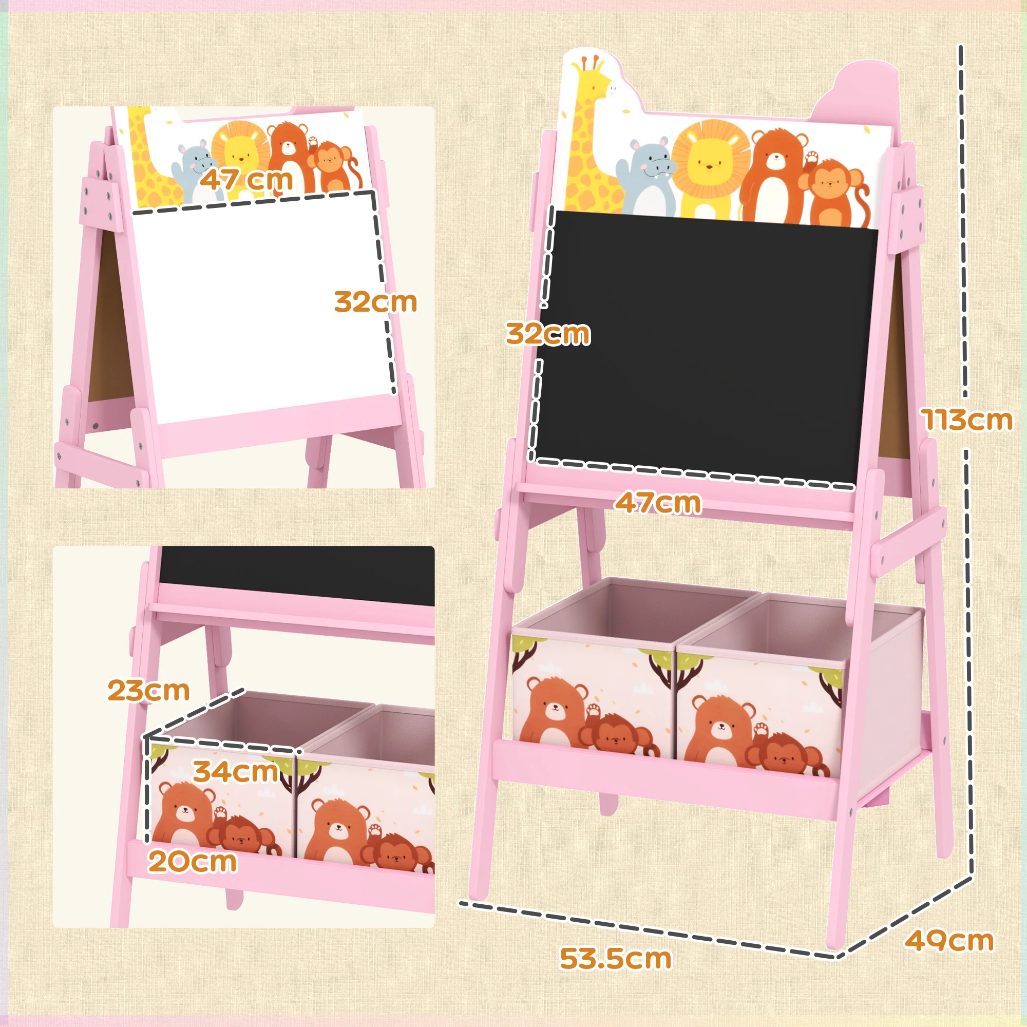 AIYAPLAY 2 in 1 Kids Easel with Whiteboard, Chalkboard, Storage Boxes, Pink - Image 5
