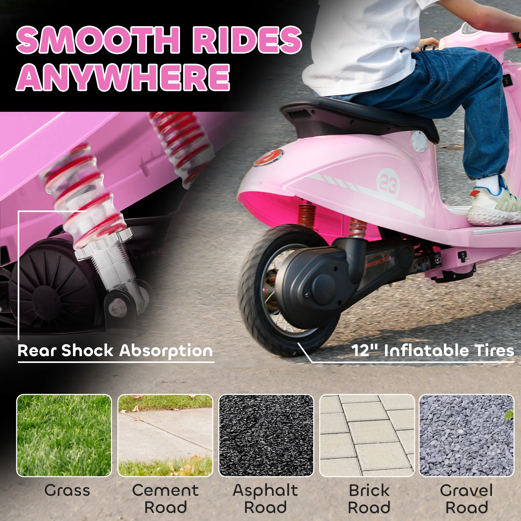 AIYAPLAY 24V Battery Powered Ride On Motorcycle With Manual Throttle, Pink - Image 6