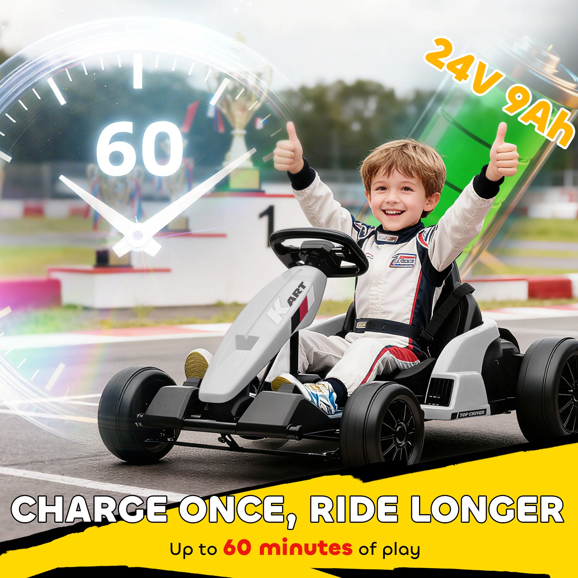 AIYAPLAY 24V Electric Go Kart With Drift Mode, Adjustable Seat, White - Image 4