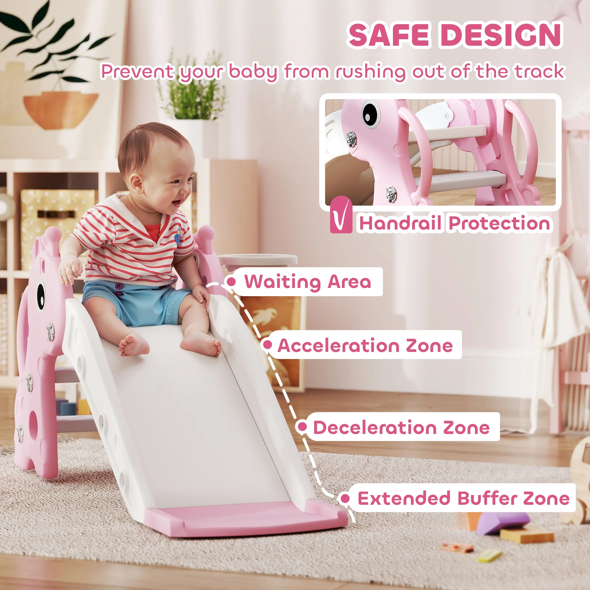 AIYAPLAY 3 in 1 Kids Slide with Climber, Basketball Hoop and Ball, Pink - Image 6