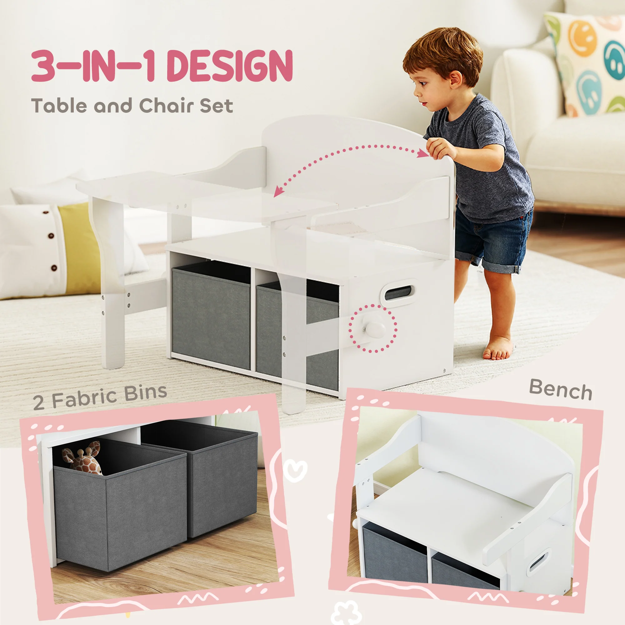 AIYAPLAY 3 in 1 Kids Storage Bench, Toddler Table and Chair Set, White - Image 3