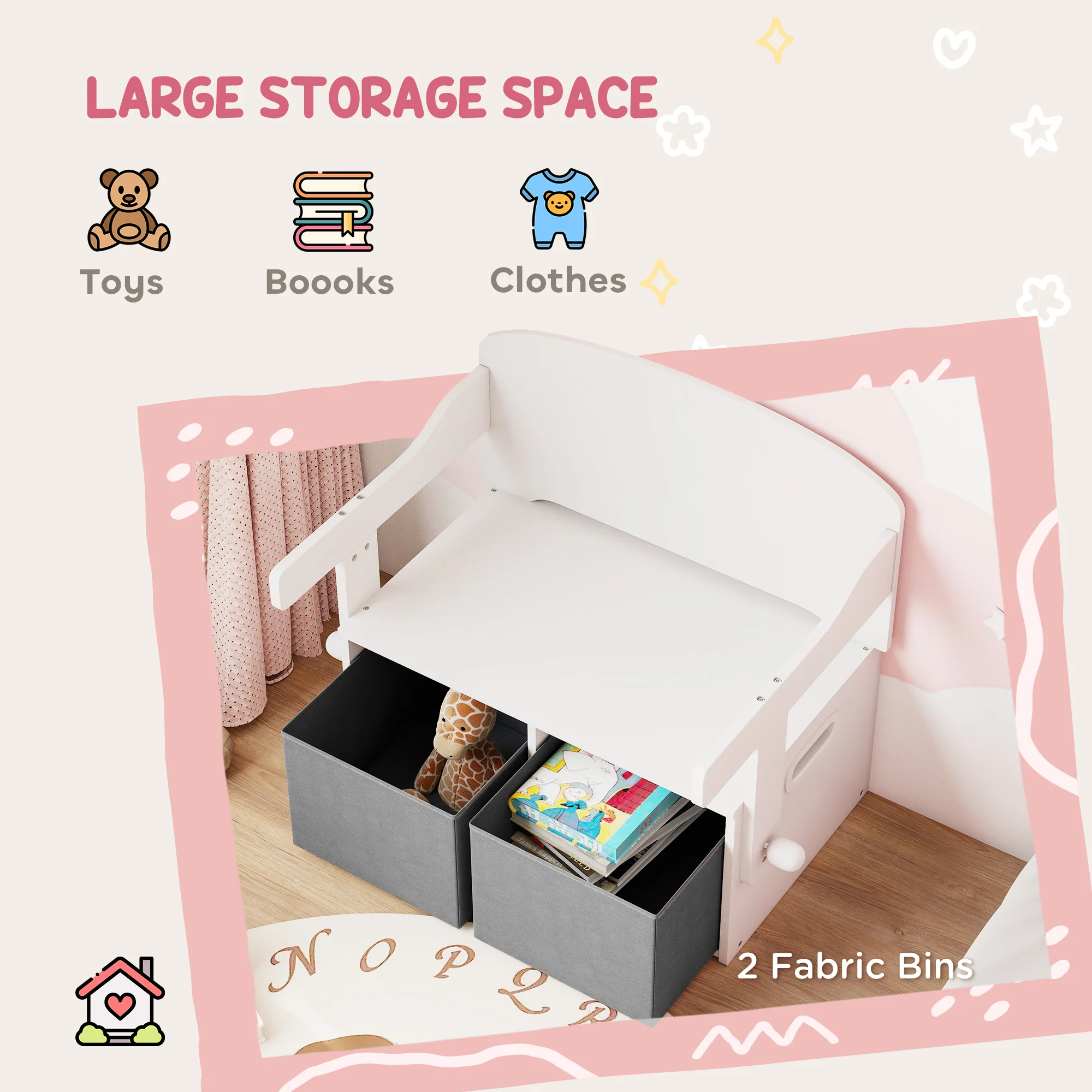 AIYAPLAY 3 in 1 Kids Storage Bench, Toddler Table and Chair Set, White - Image 4
