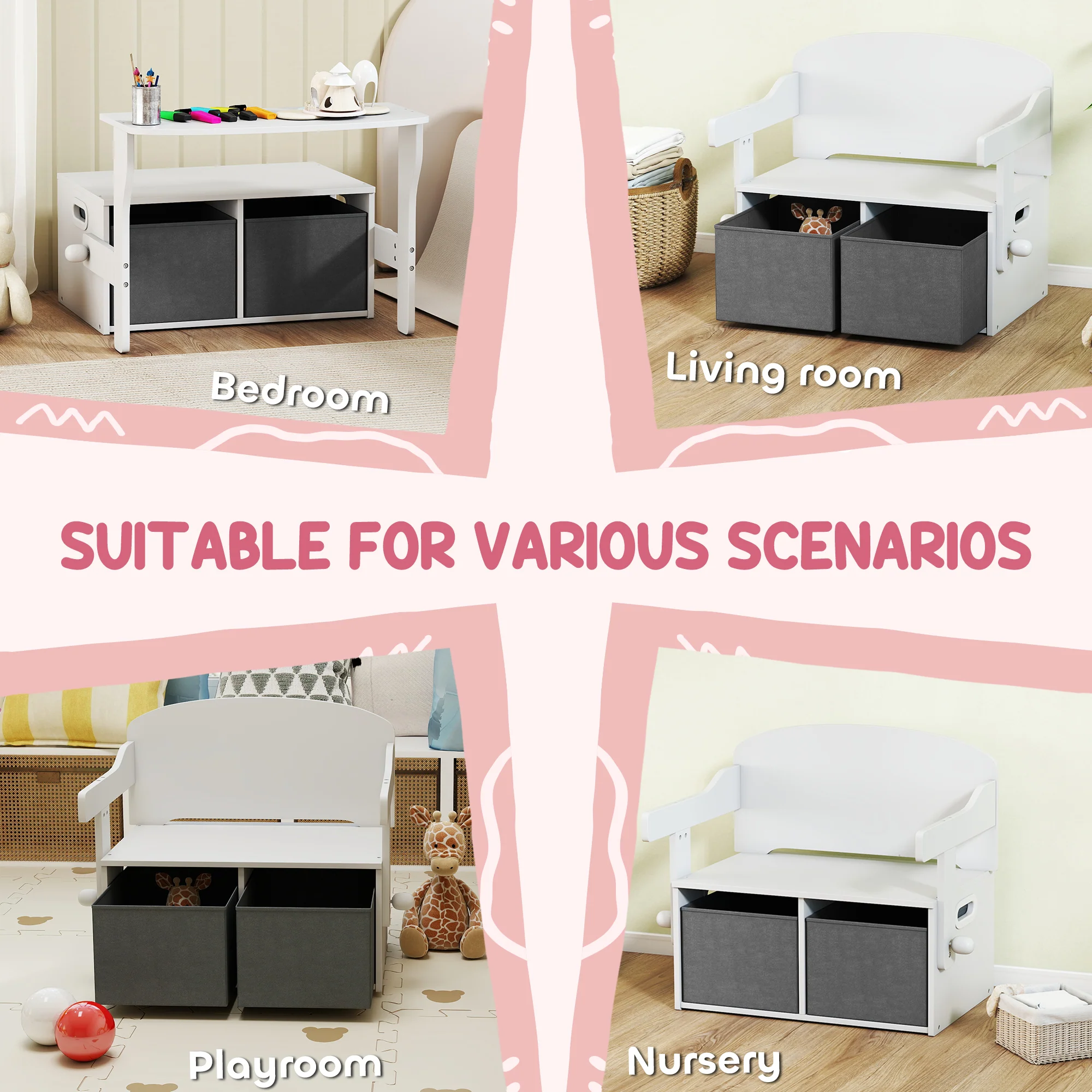 AIYAPLAY 3 in 1 Kids Storage Bench, Toddler Table and Chair Set, White - Image 6